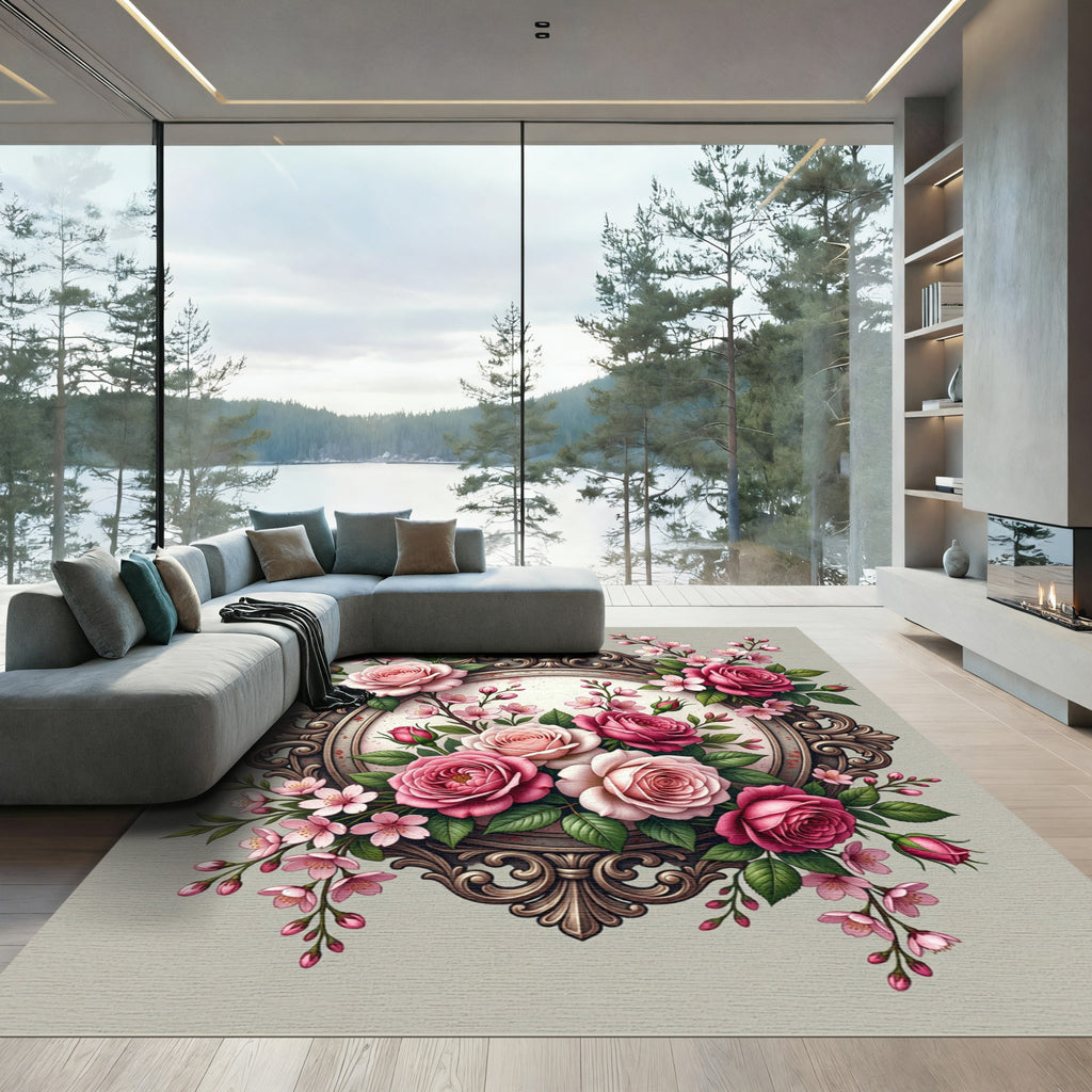 Romantic Pink Rose Victorian Floral Frame Rug