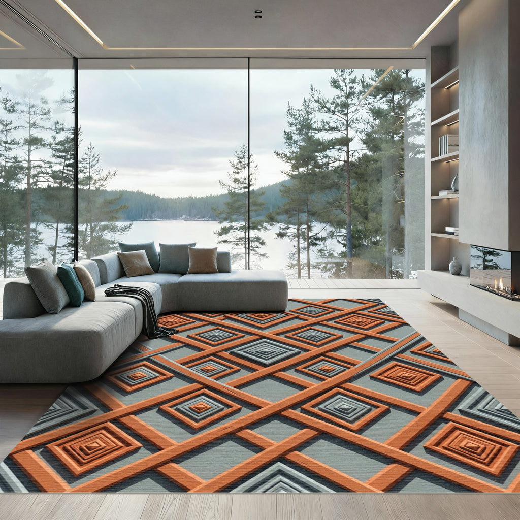 Orange Gray Geometric Diamond Lattice Rug