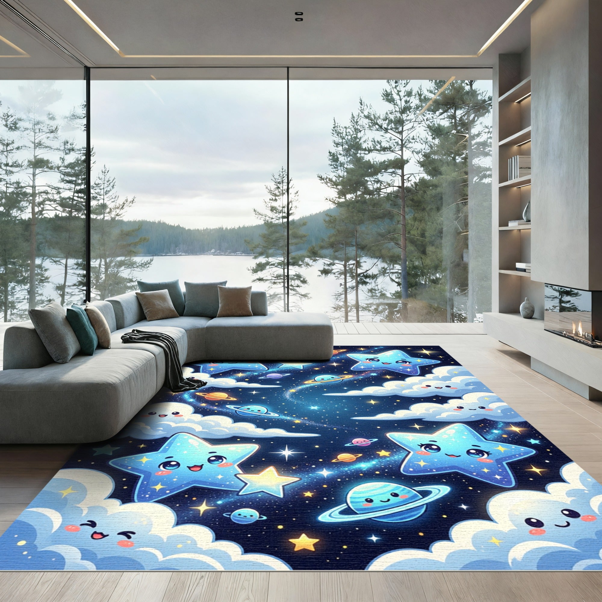 Whimsical Celestial Star and Planet Sky Rug
