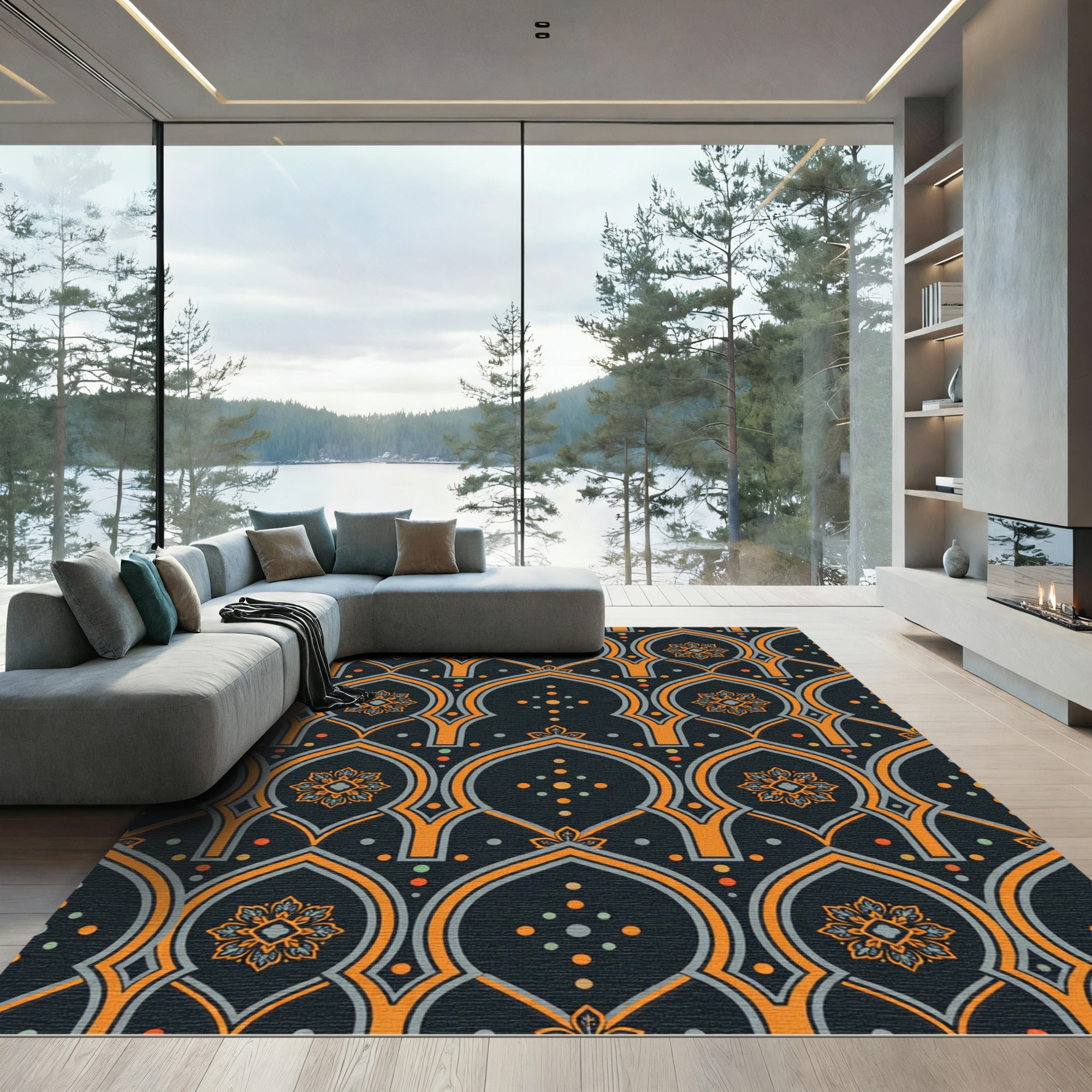 Midnight Arch Botanical Floral Inlay Rug