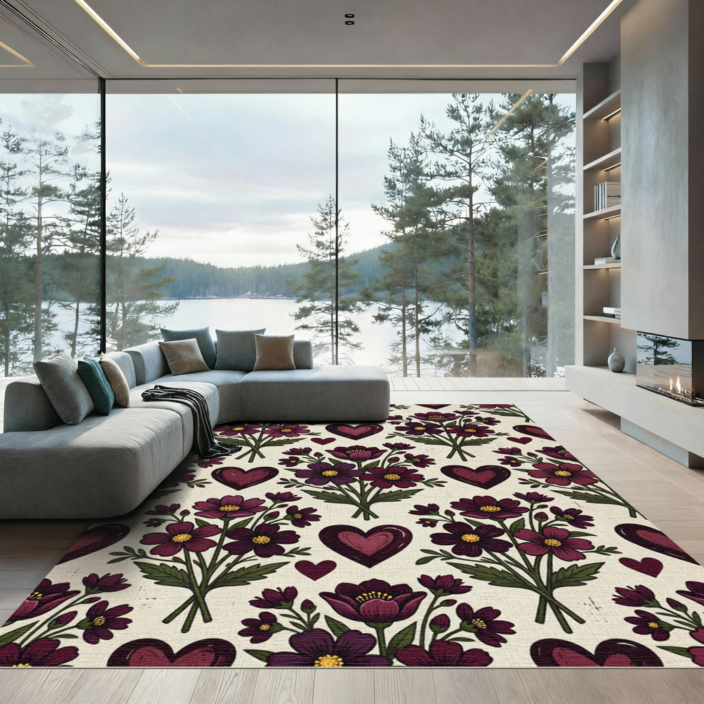 Deep Plum Floral Heart Bouquet Rug