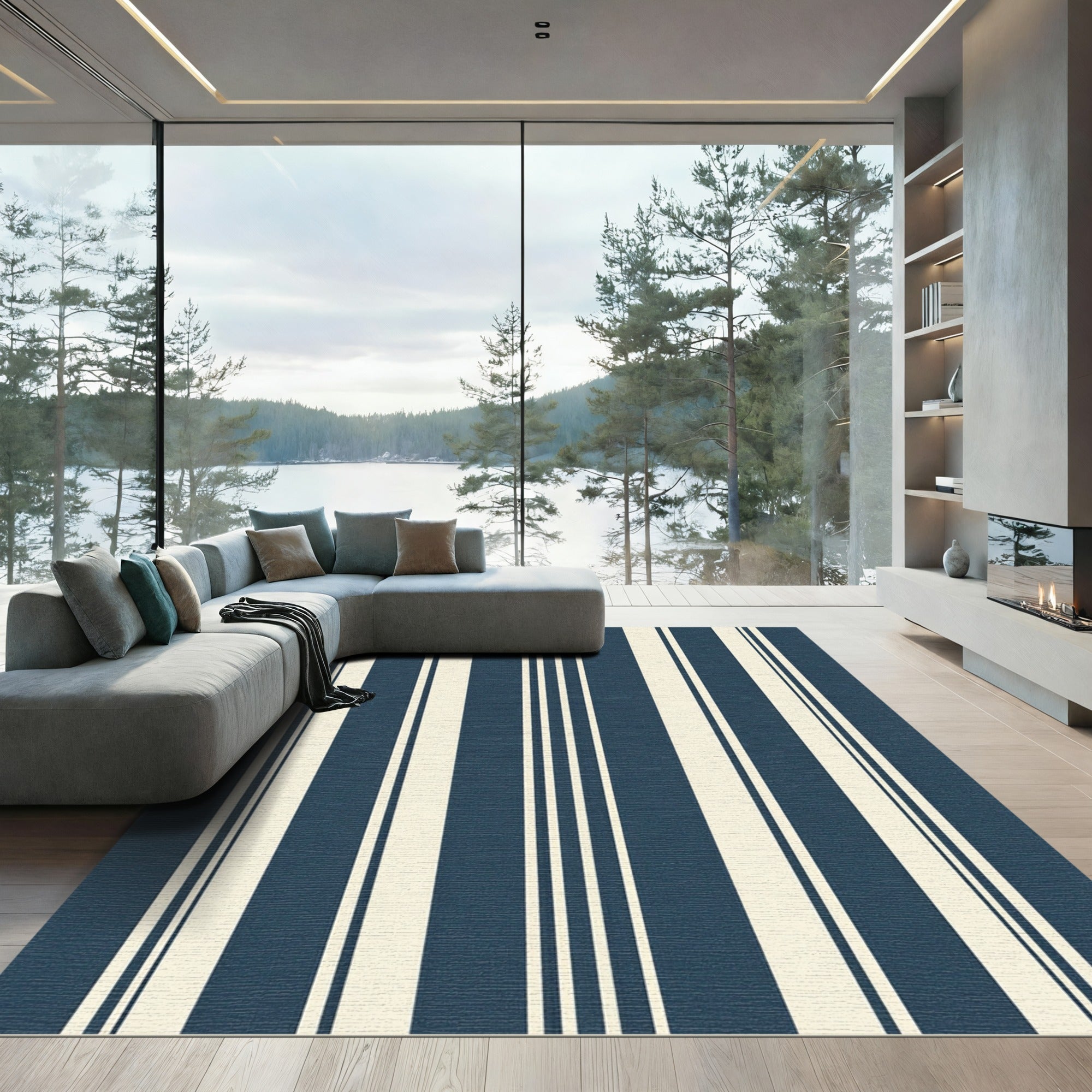 Navy Blue and Cream Vertical Stripes Rug
