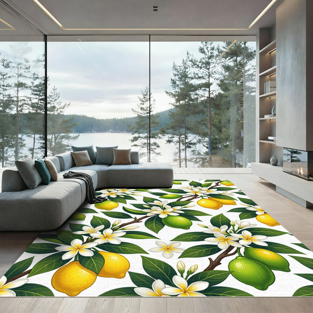 Vibrant Lemon Blossom Botanical Illustration Rug