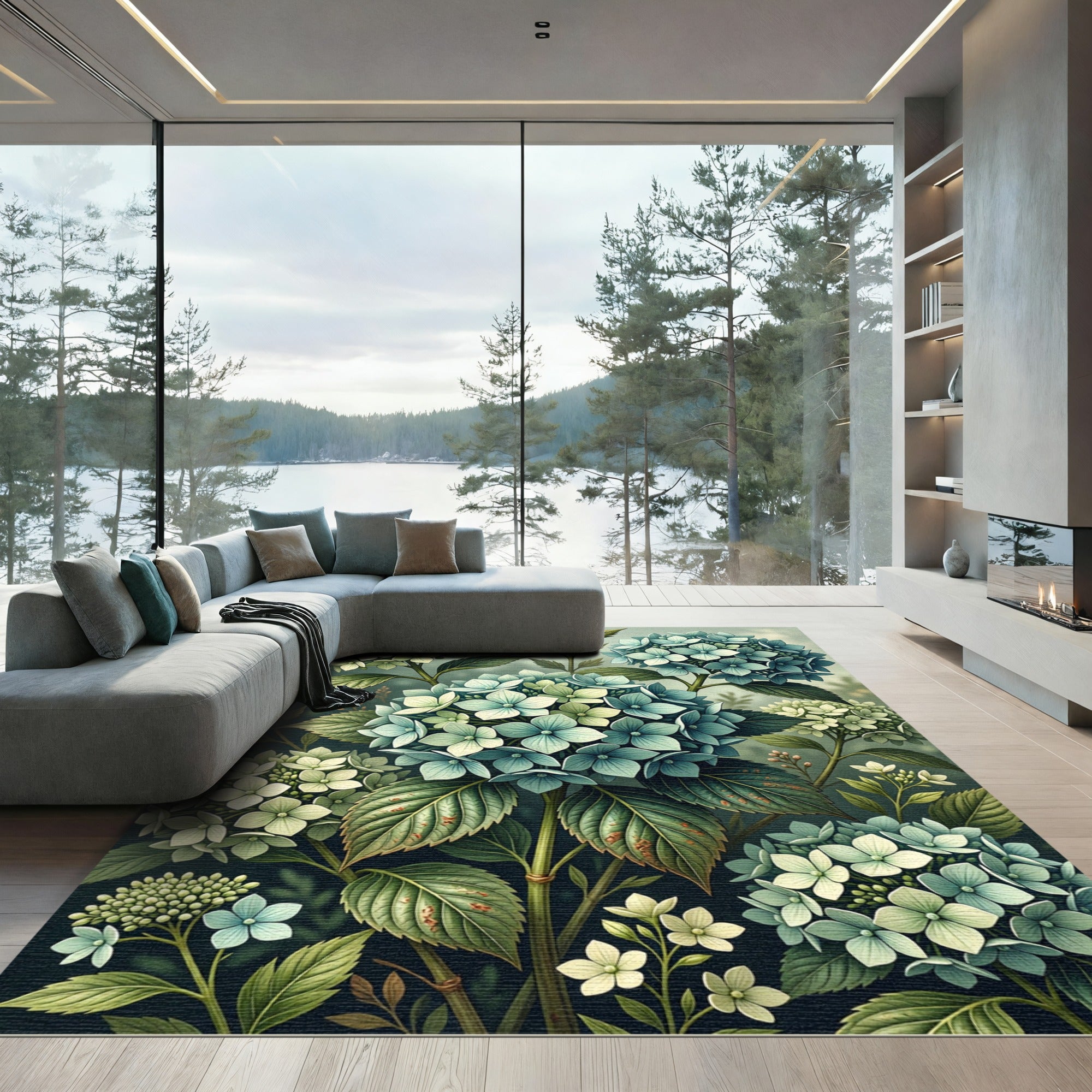Soft Teal Hydrangeas Floral Collage Rug