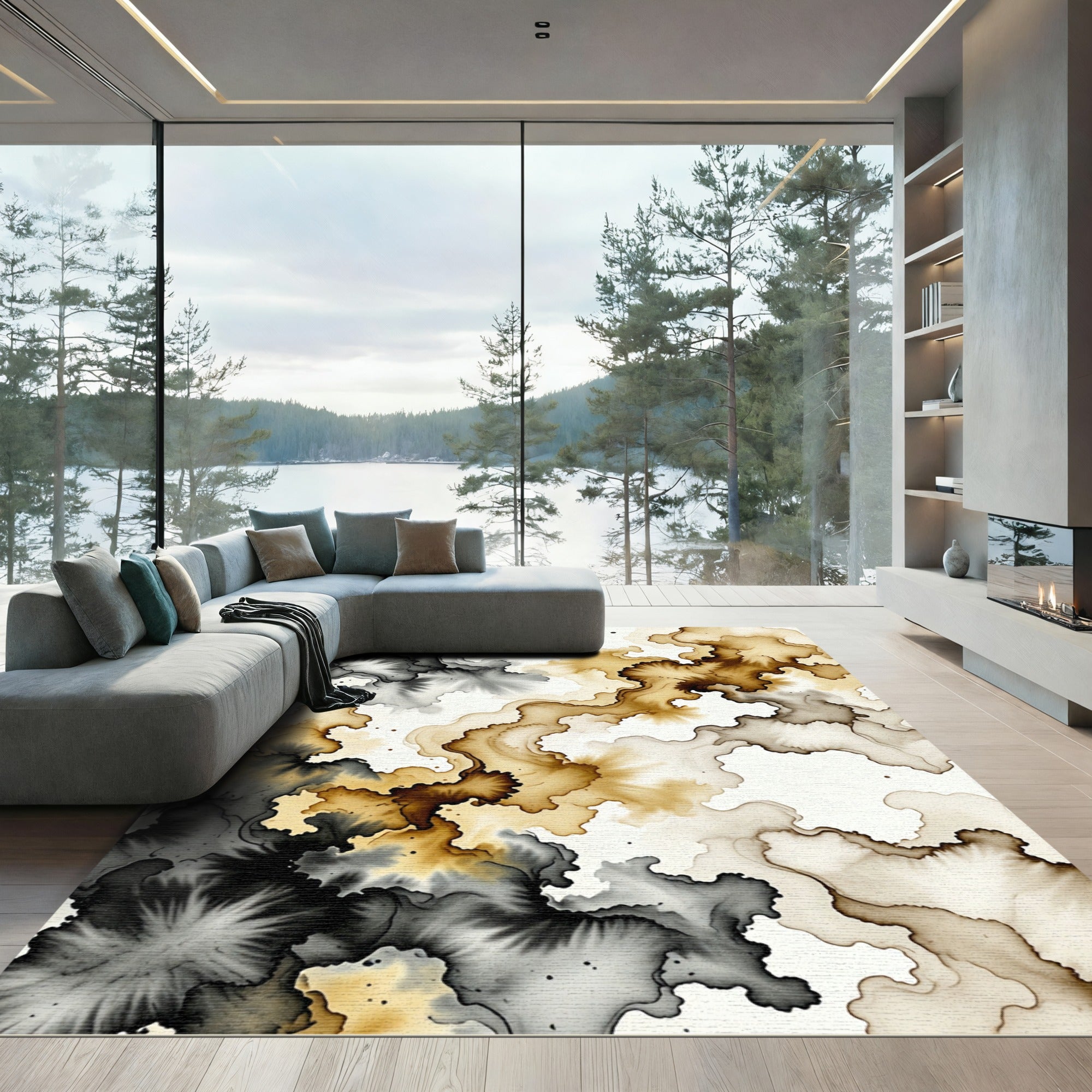 Earthy Ink Splatter Abstract Swirl Rug