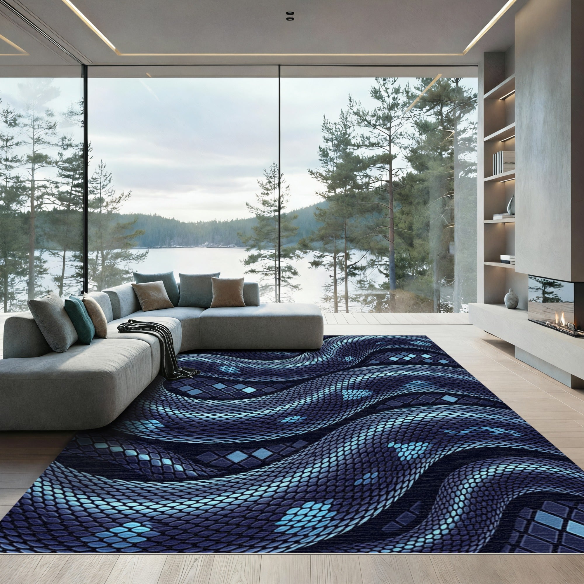 Luminescent Indigo Serpent Scale Wave Rug