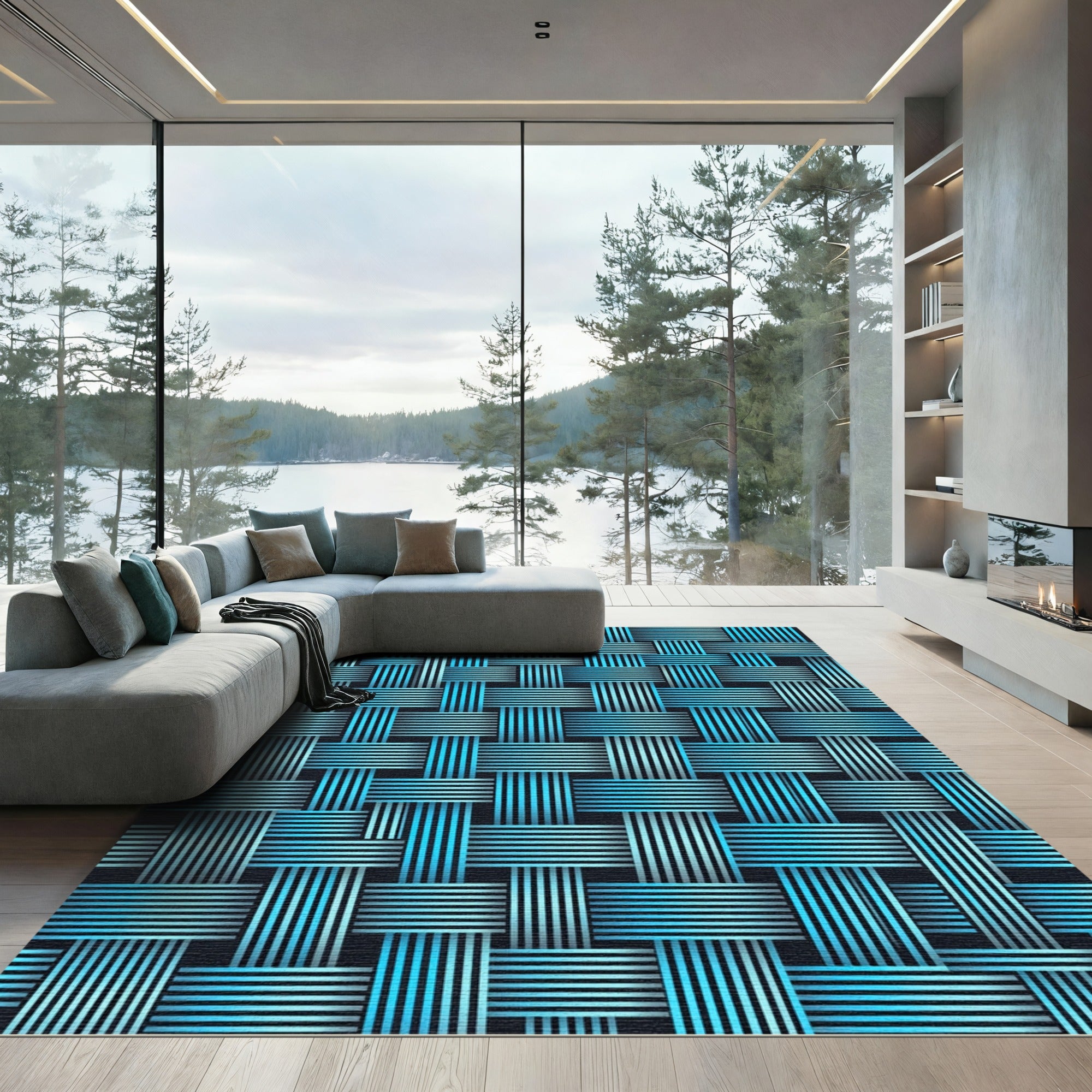 Woven Aqua And White Geometric Rug