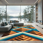 Geometric Aztec Pyramid Staircase Teal Rug