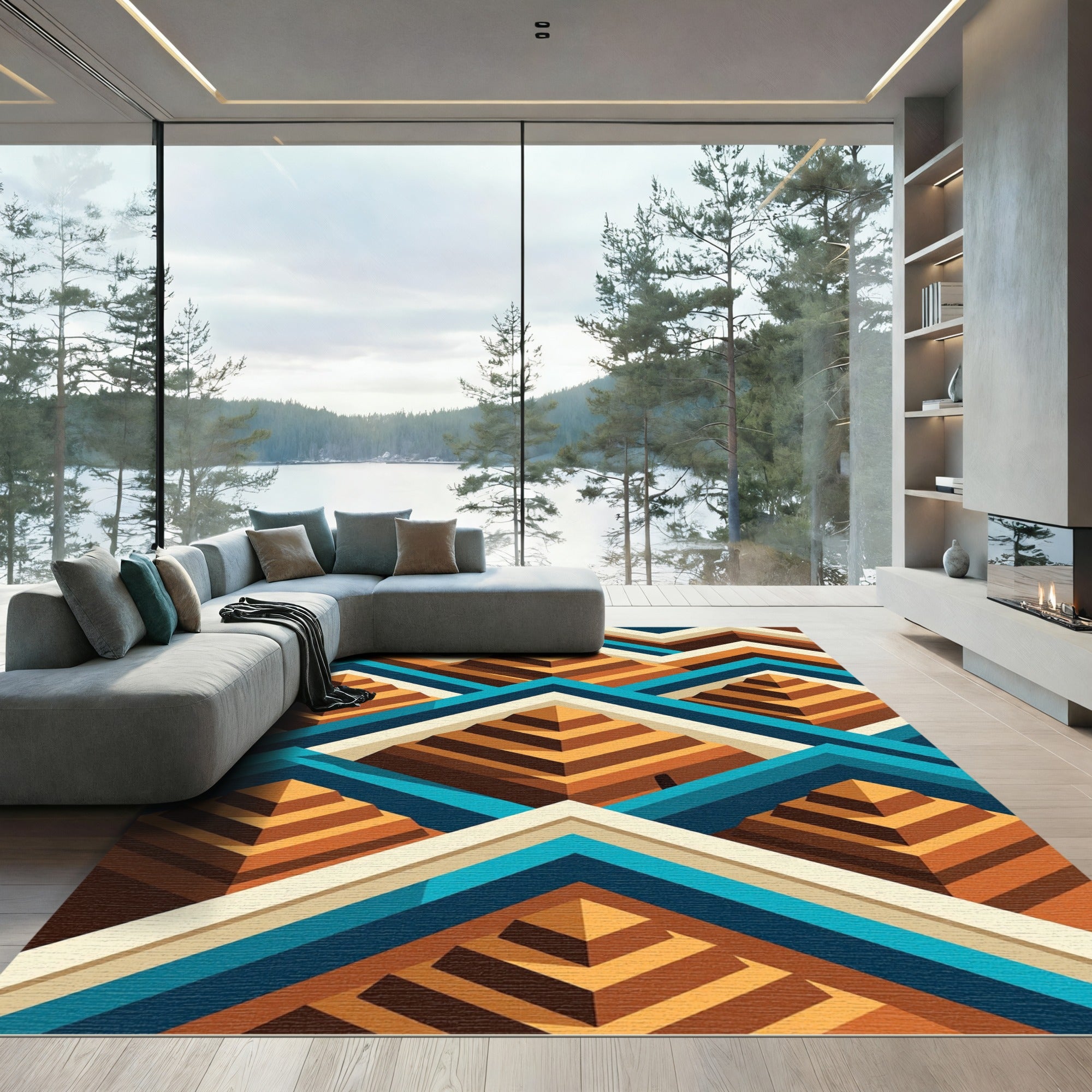 Geometric Aztec Pyramid Staircase Teal Rug