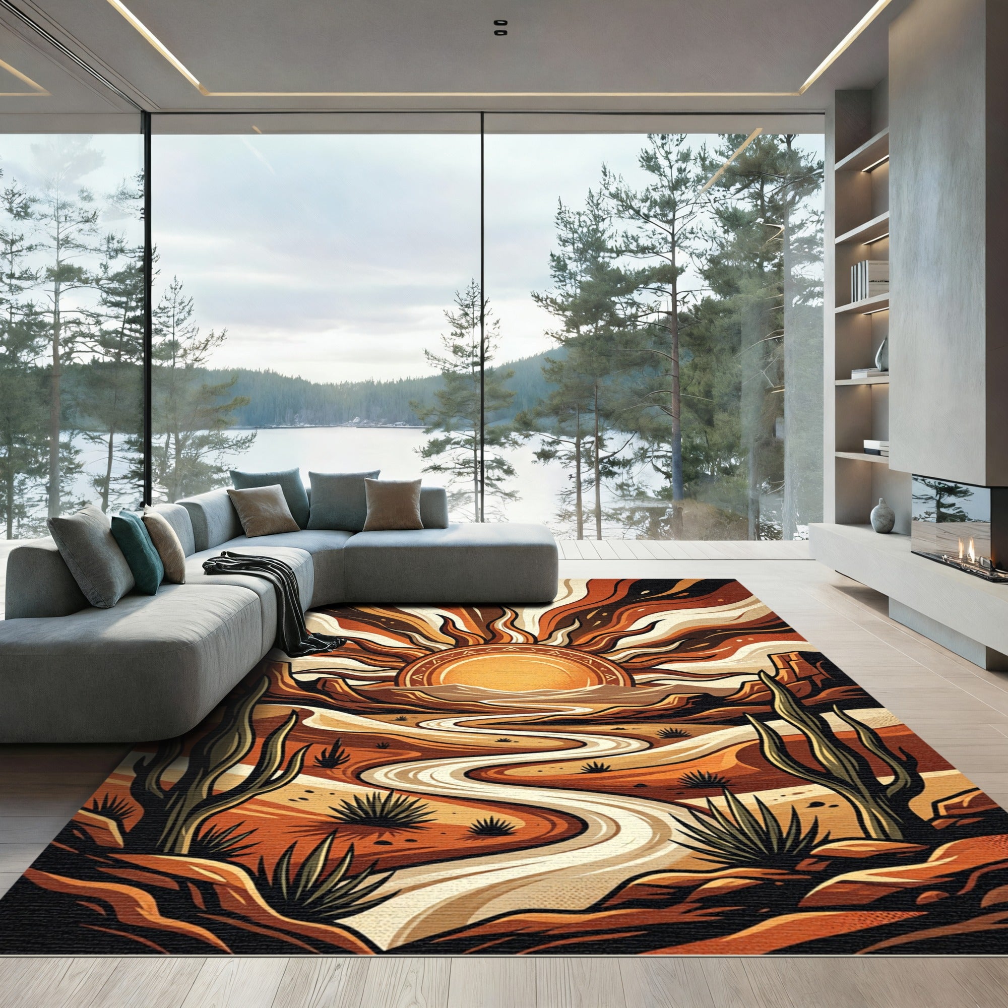 Earthy Desert Sun Canyon Landscape Rug