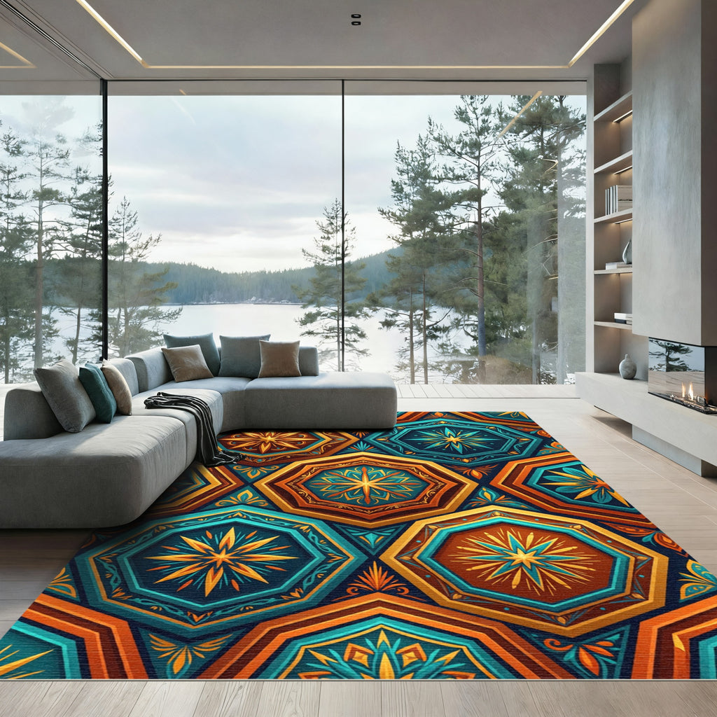 Jewel Tone Geometric Hexagon Medallion Rug