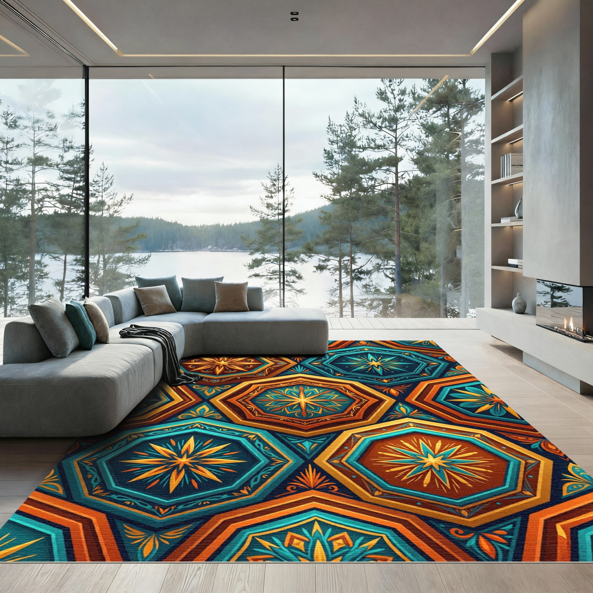 Jewel Tone Geometric Hexagon Medallion Rug