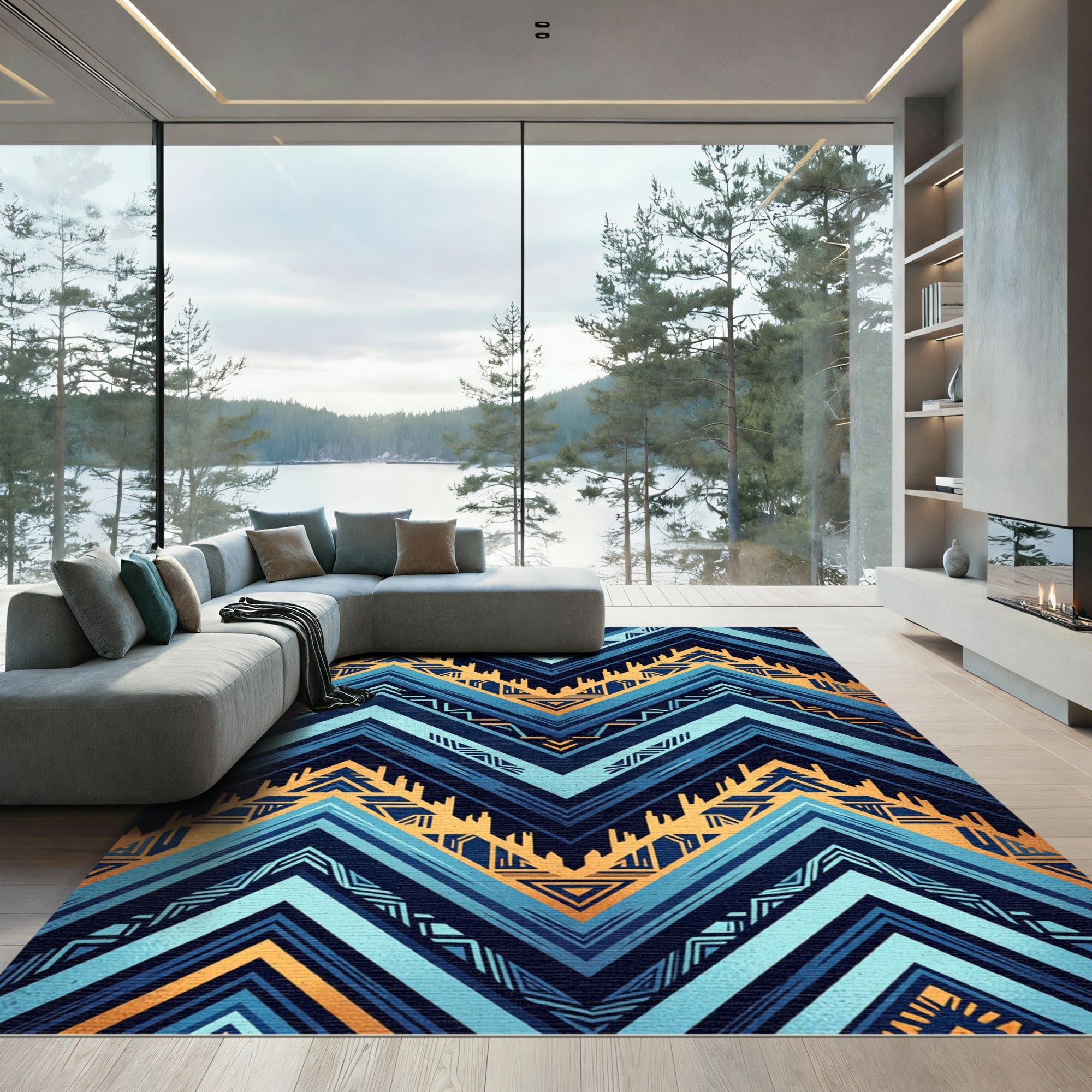 Geometric Deep Blue Golden Zigzag Rug