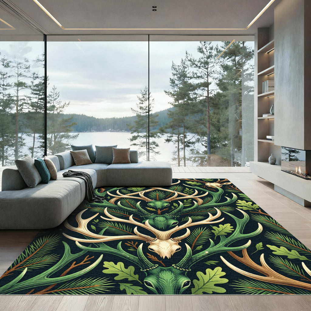 Forest Antler Woodland Symmetry Dark Green Rug