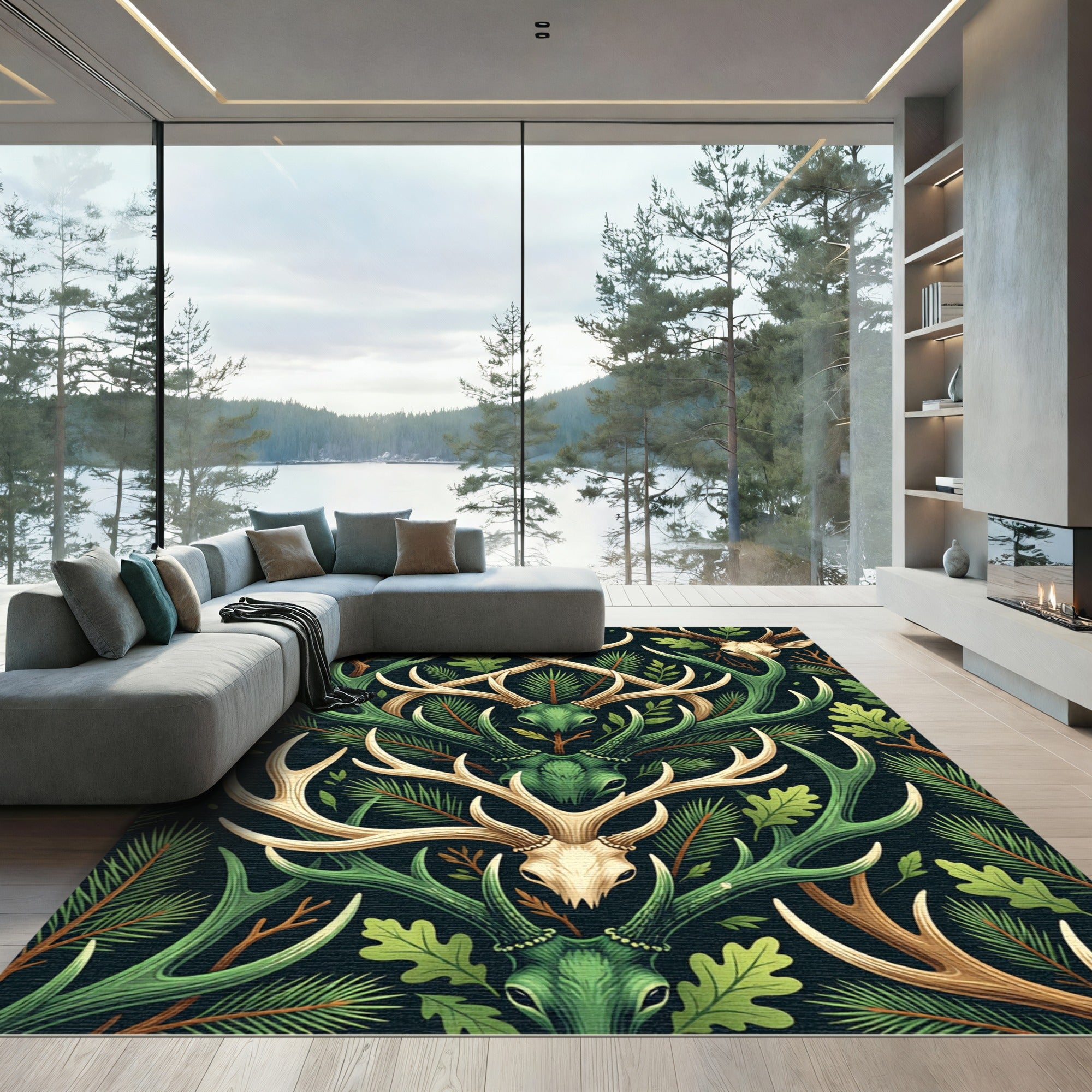 Forest Antler Woodland Symmetry Dark Green Rug