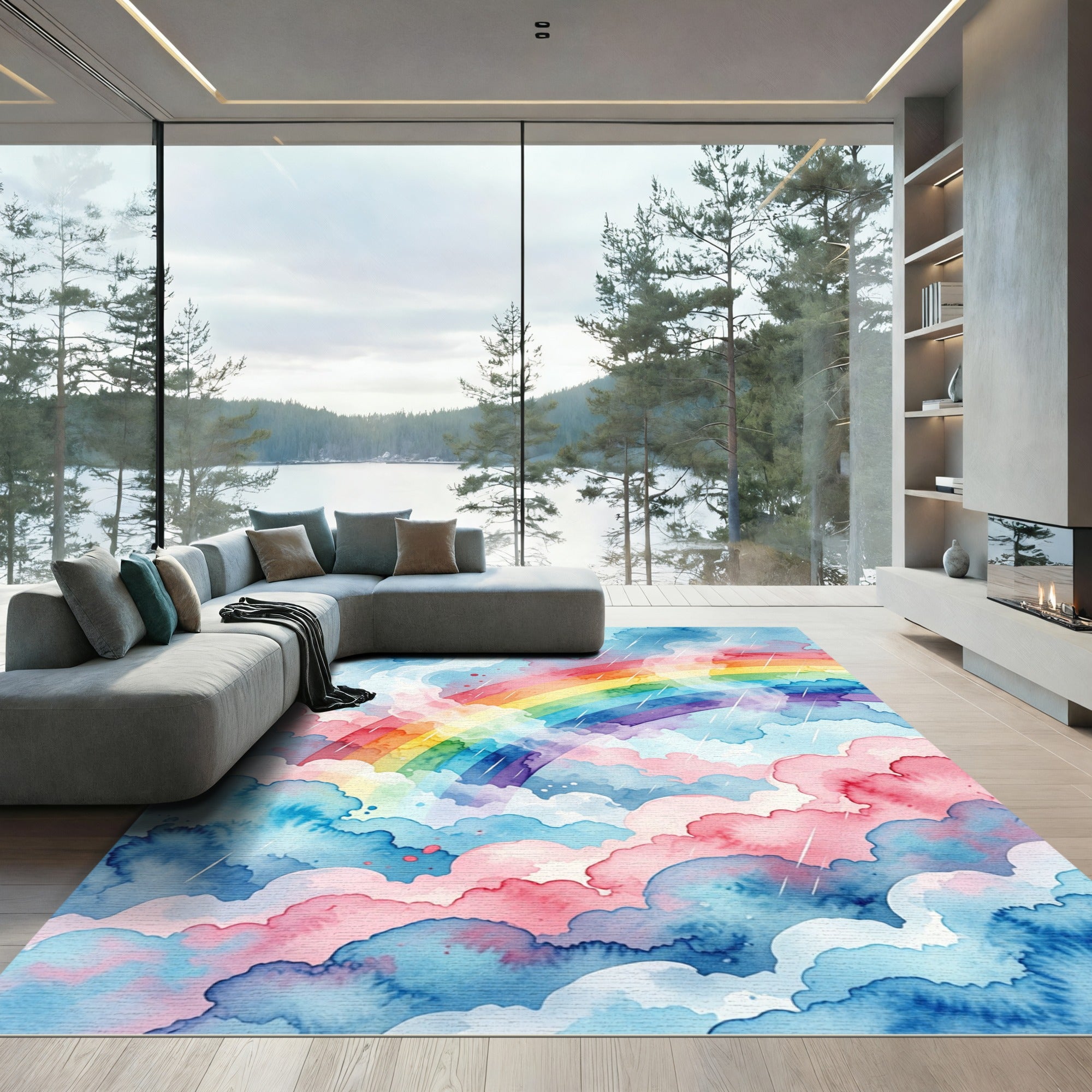 Watercolor Rainbow Clouds Dreamy Sky Rug
