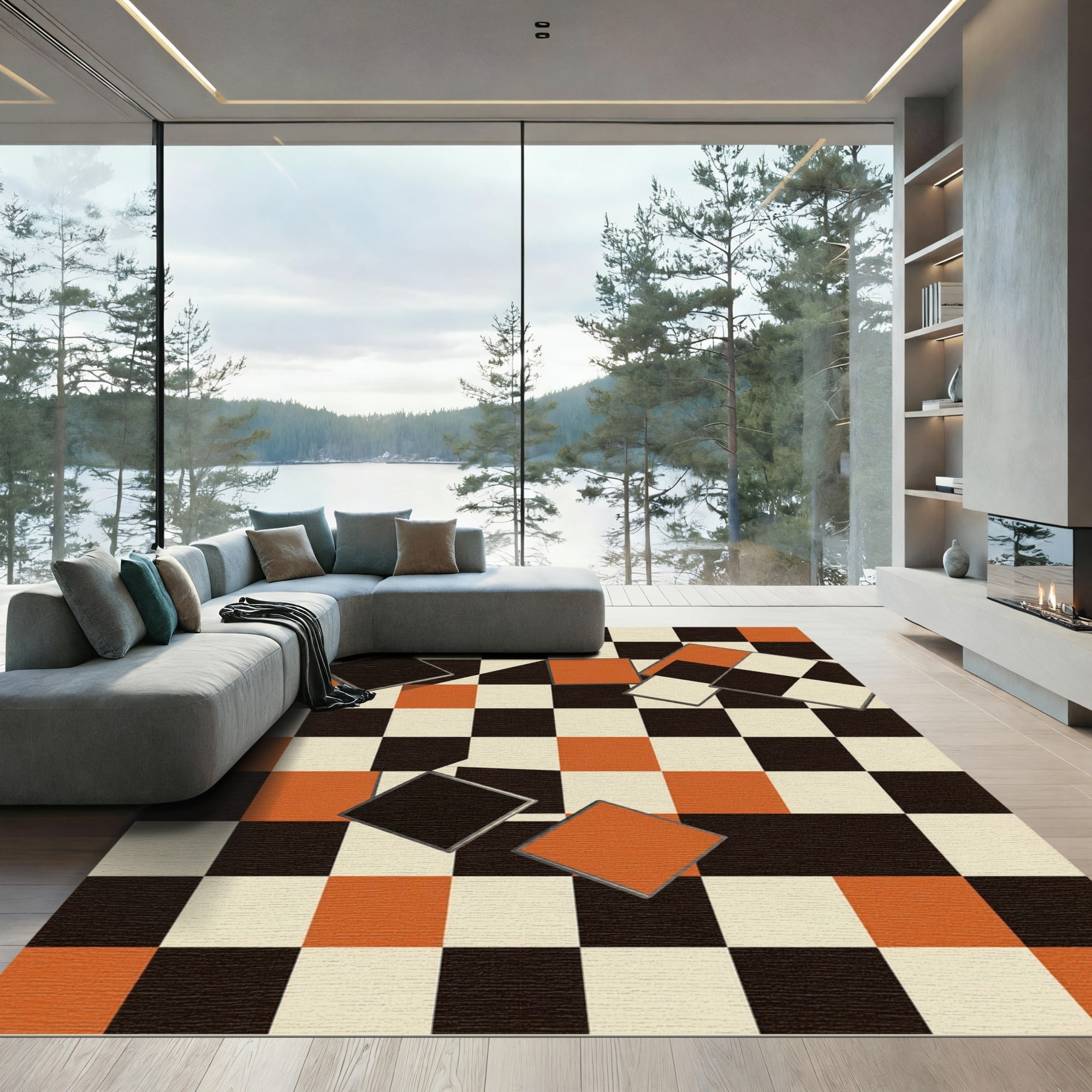 Modern Geometric Checkerboard Orange Black Rug
