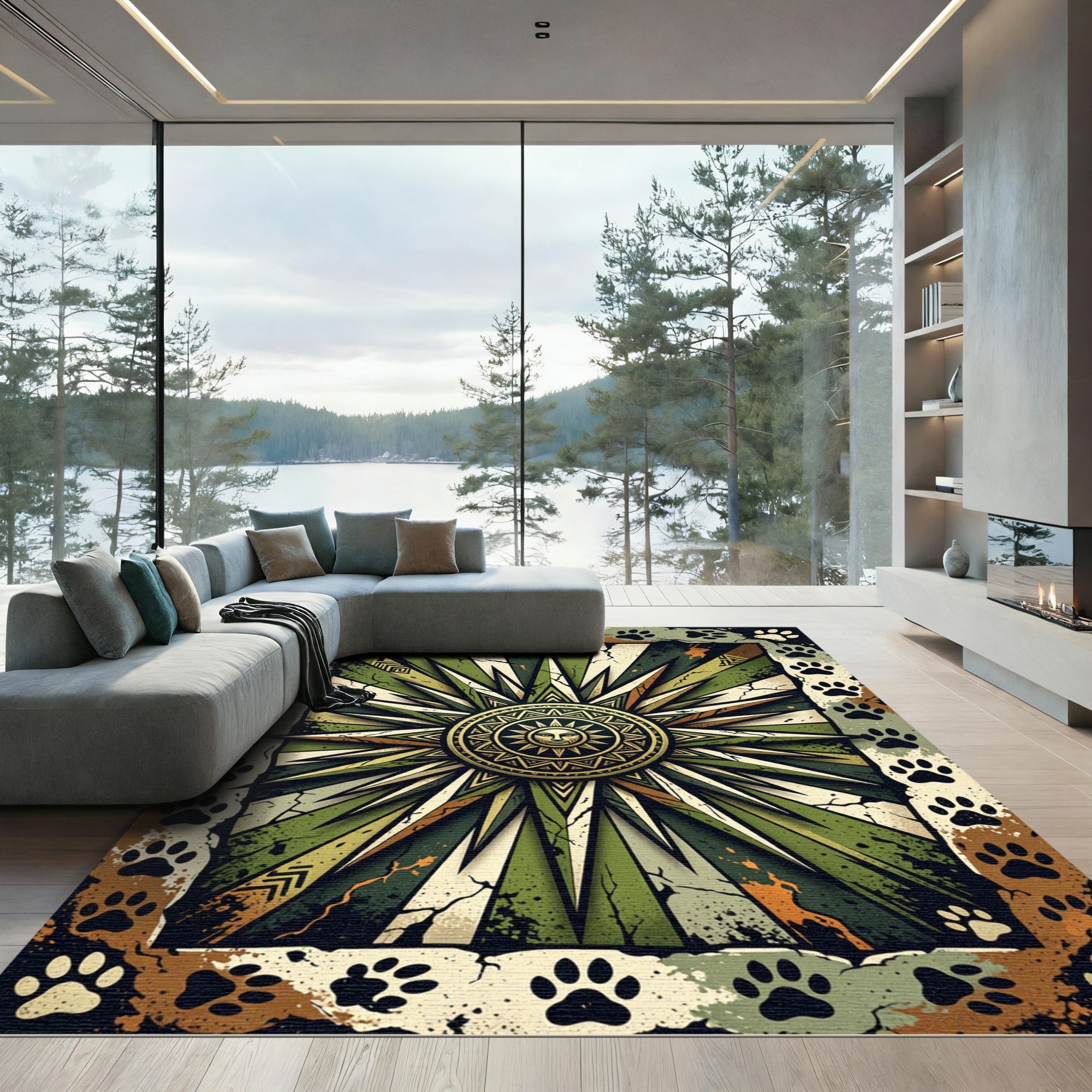 Celestial Sunburst Olive Paw Earthy Area Rug