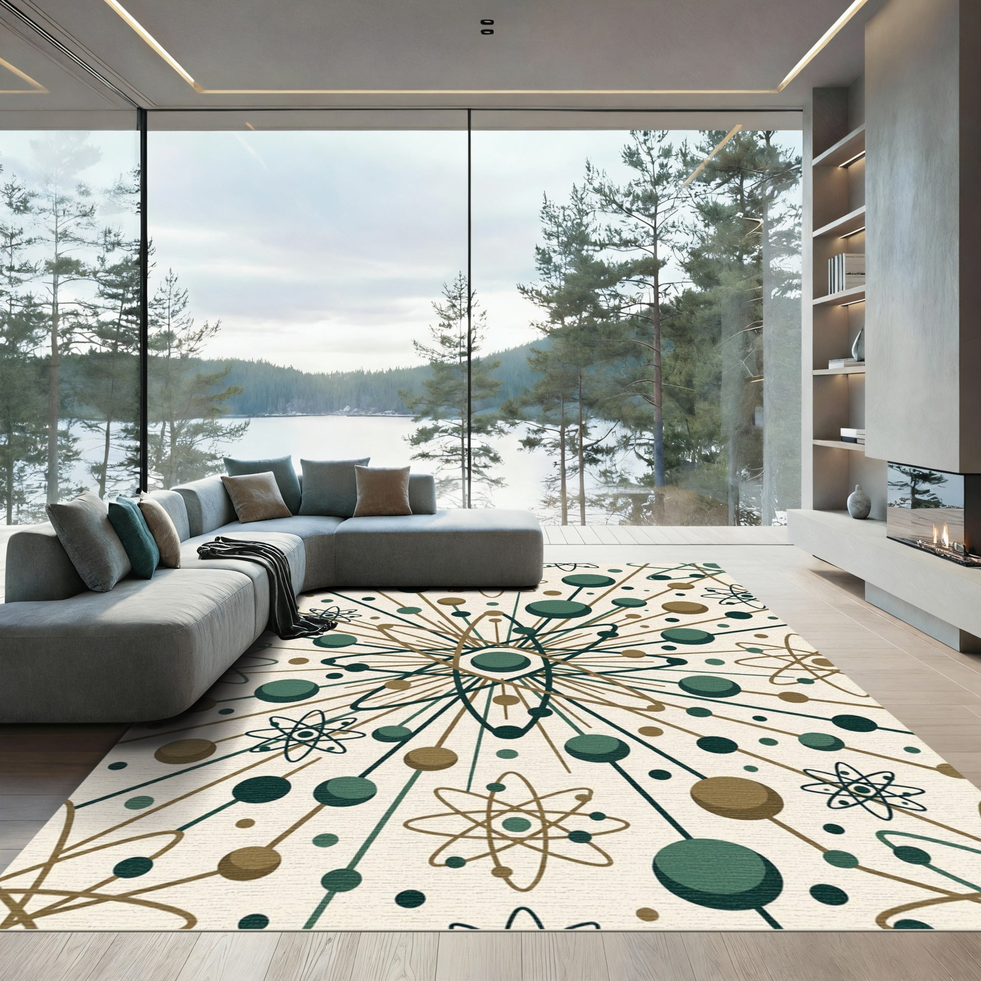 Atomic Midcentury Olive and Gold Burst Rug