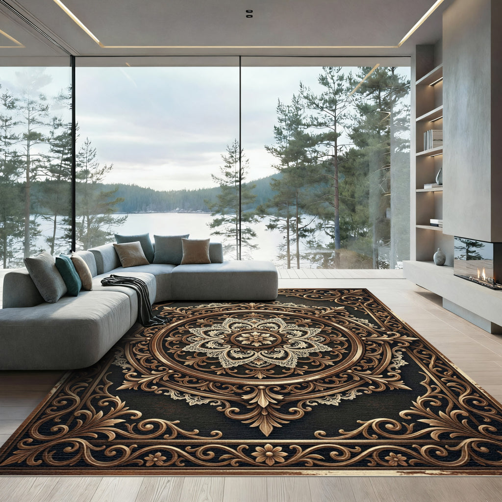 Ornate Bronze Filigree Circular Medallion Rug