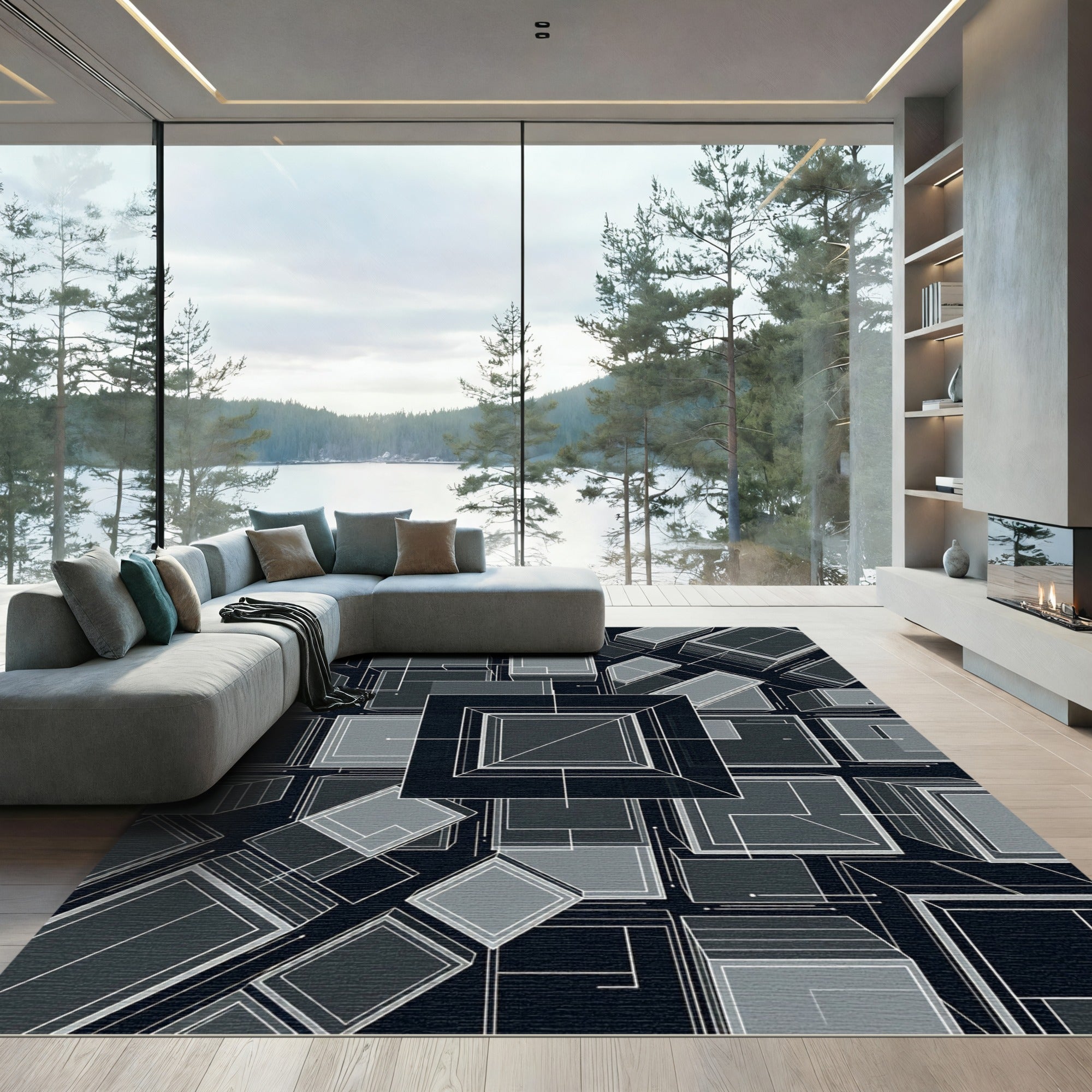 Monochrome Geometric Abstract Cubes Rug