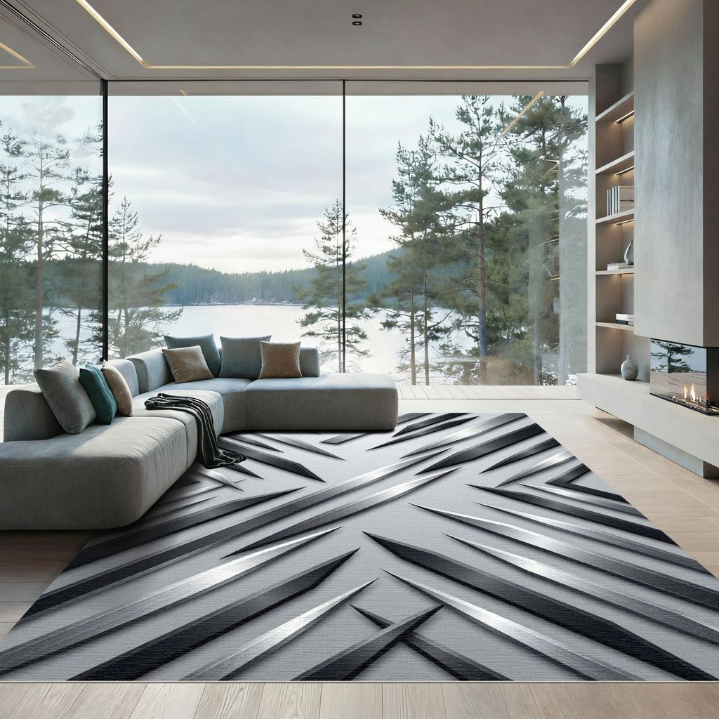 Monochrome Geometric Metallic Slant Abstract Rug