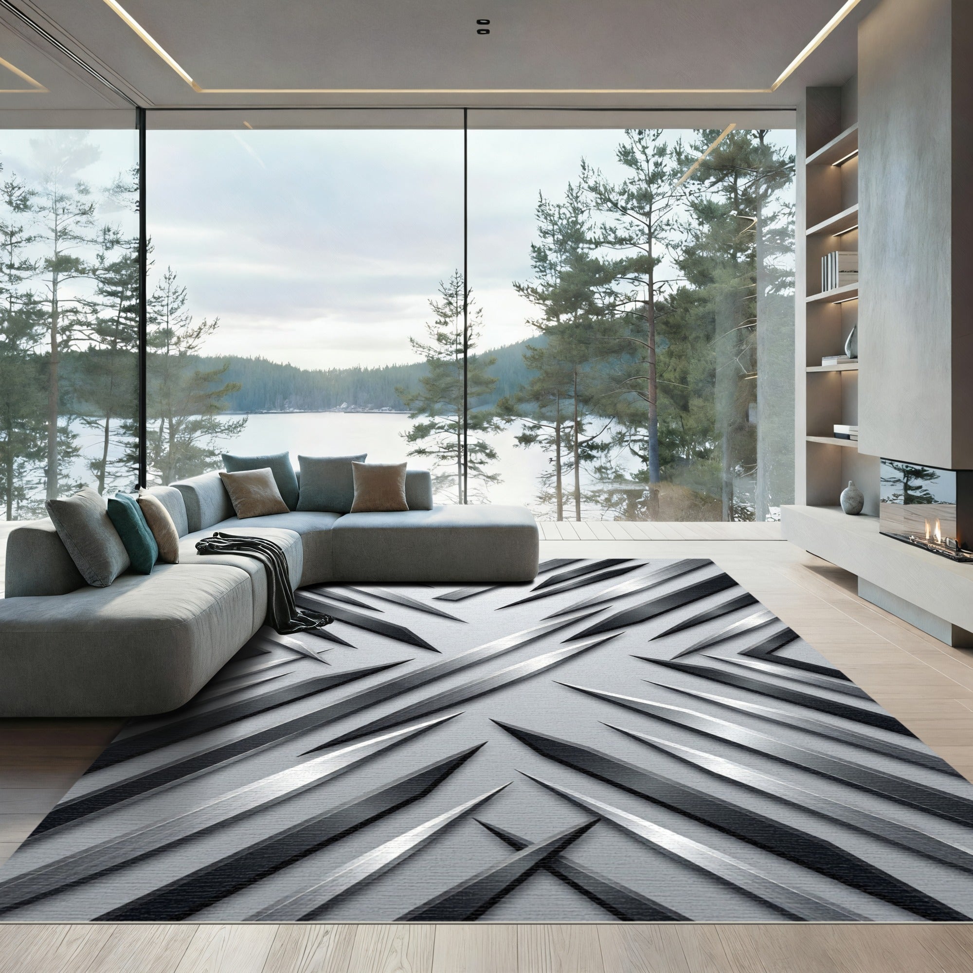 Monochrome Geometric Metallic Slant Abstract Rug