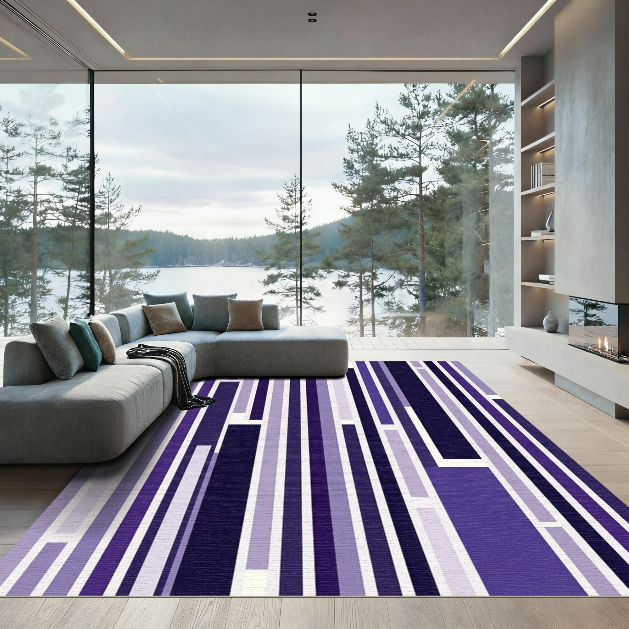 Modern Purple Vertical Striped Abstract Composition Rug