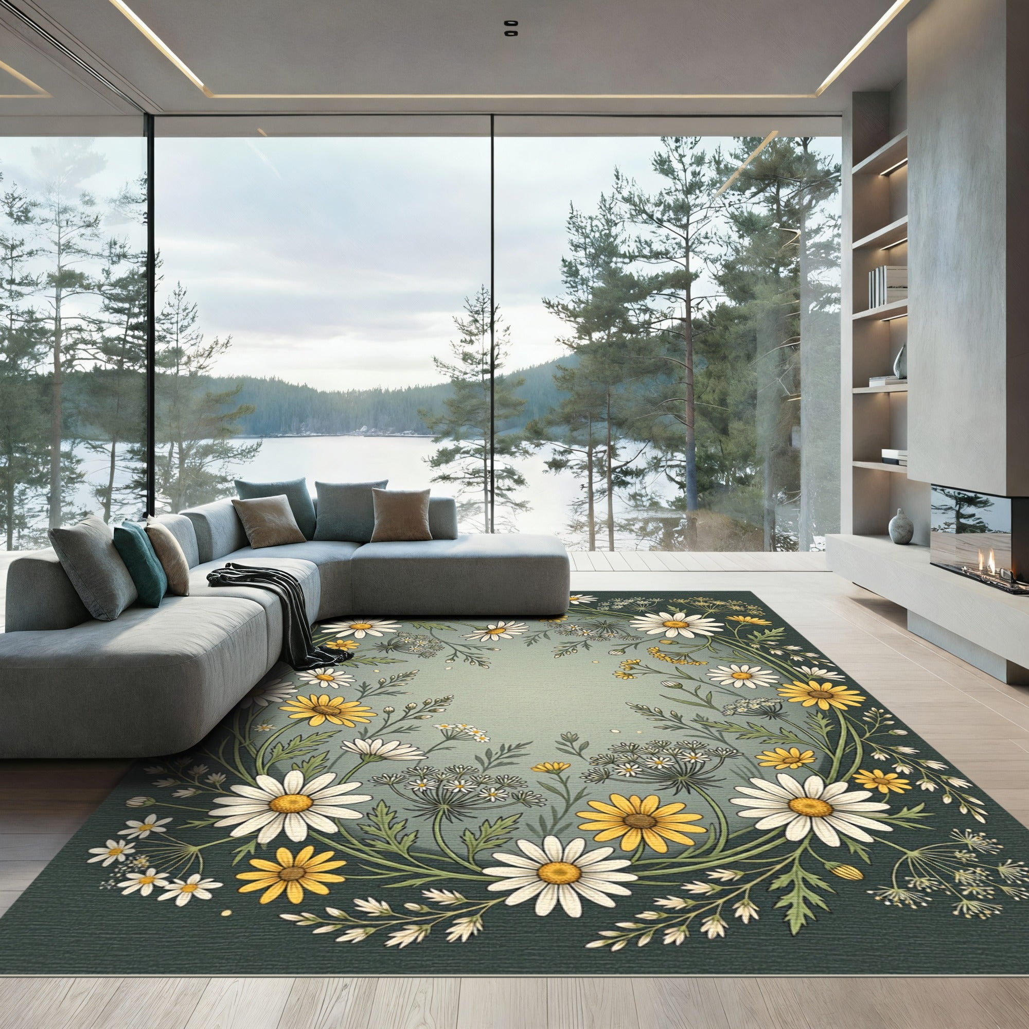 Sage Botanical Meadow Wildflower Wreath Rug