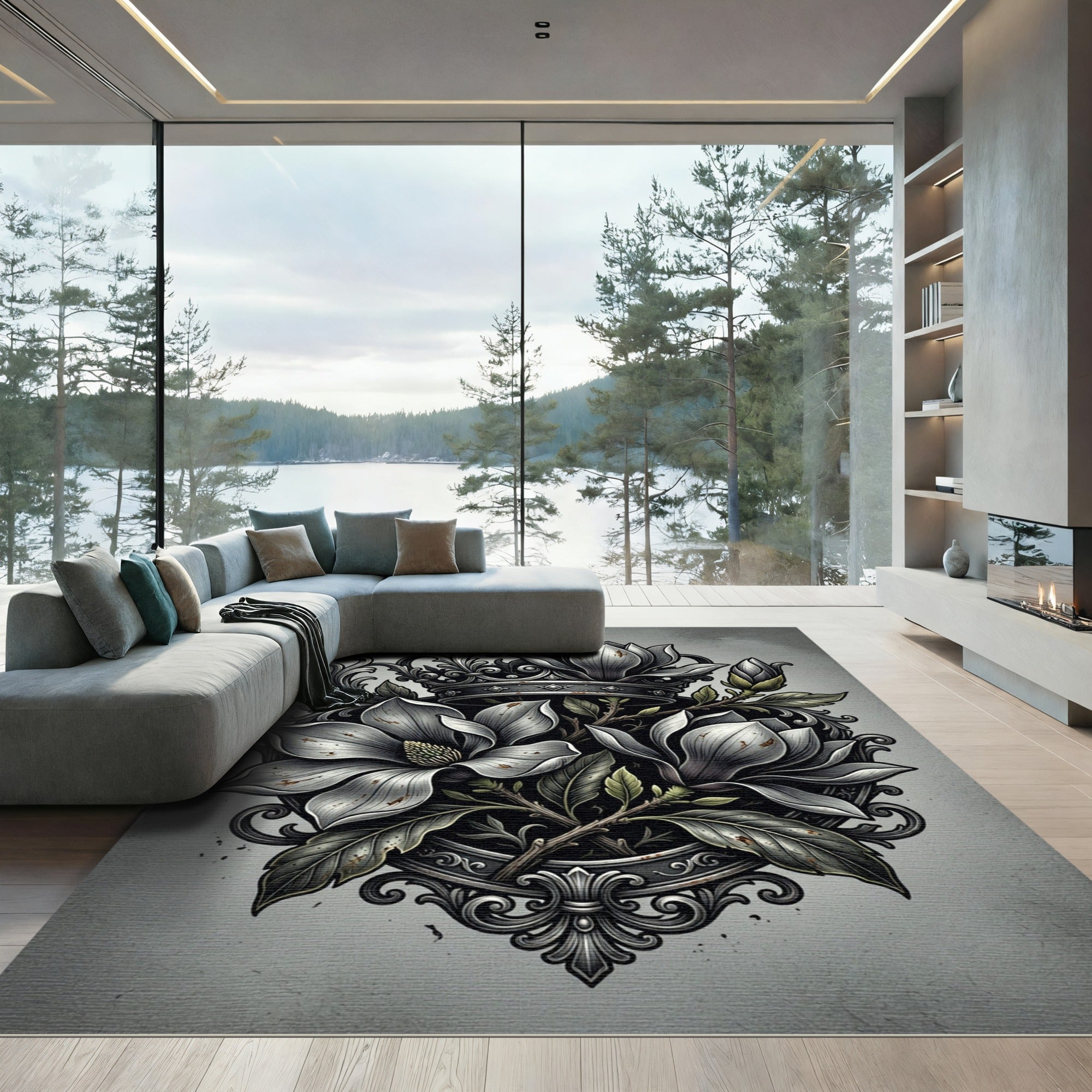Monochrome Magnolia Crown Embellished Floral Rug