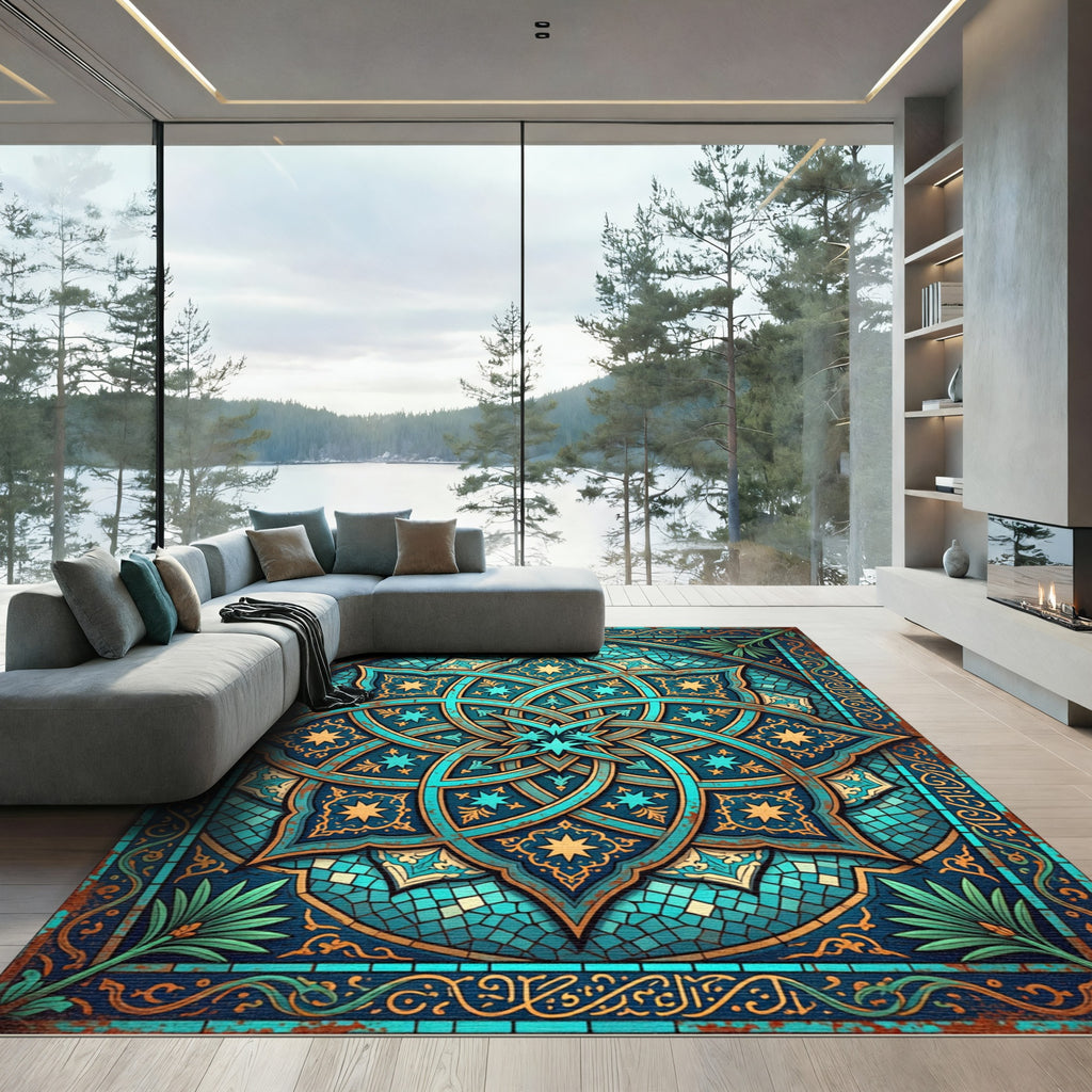 Teal Azure Geometric Star Medallion Rug