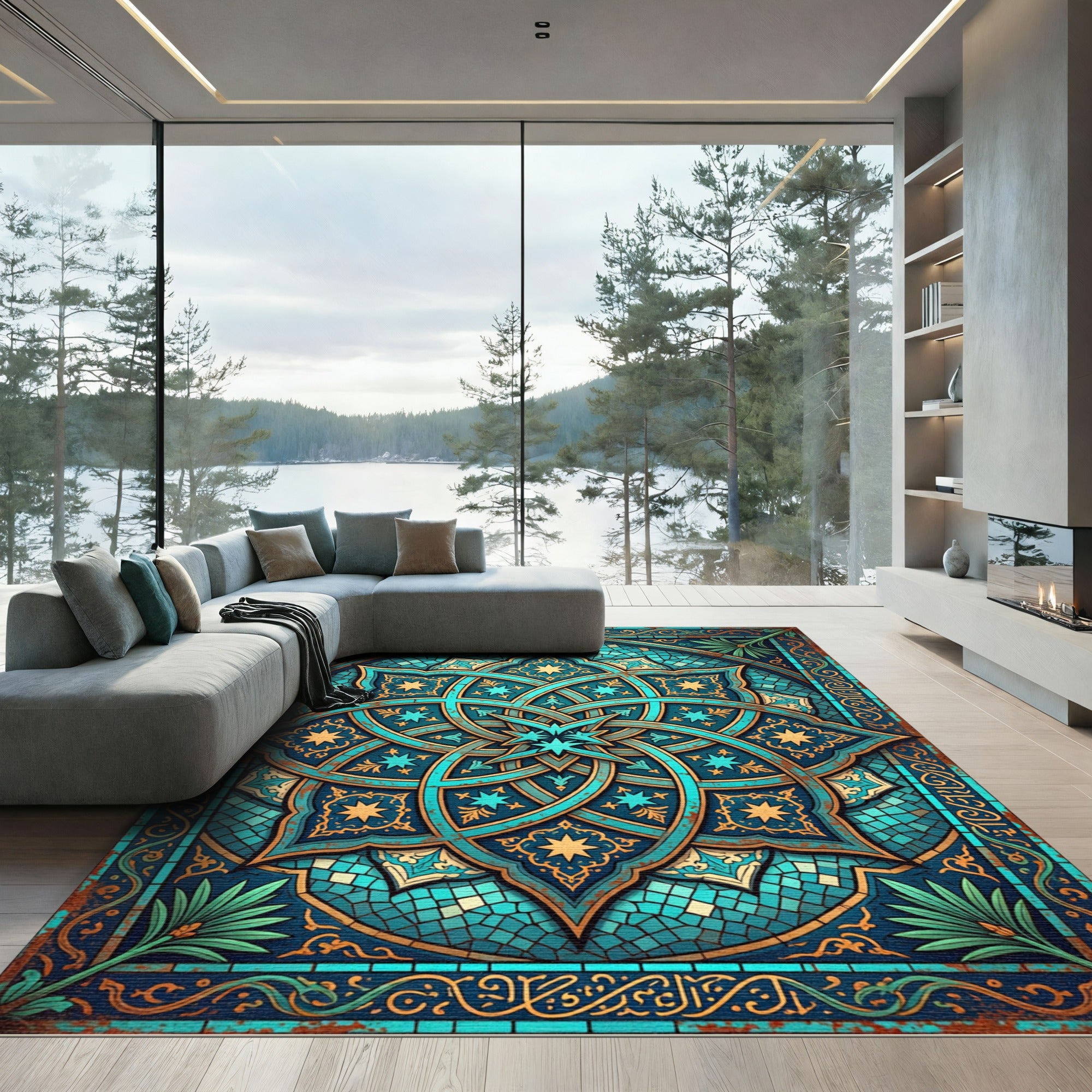 Teal Azure Geometric Star Medallion Rug