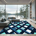 Modern Navy Teal Geometric Intersecting Grid Rug