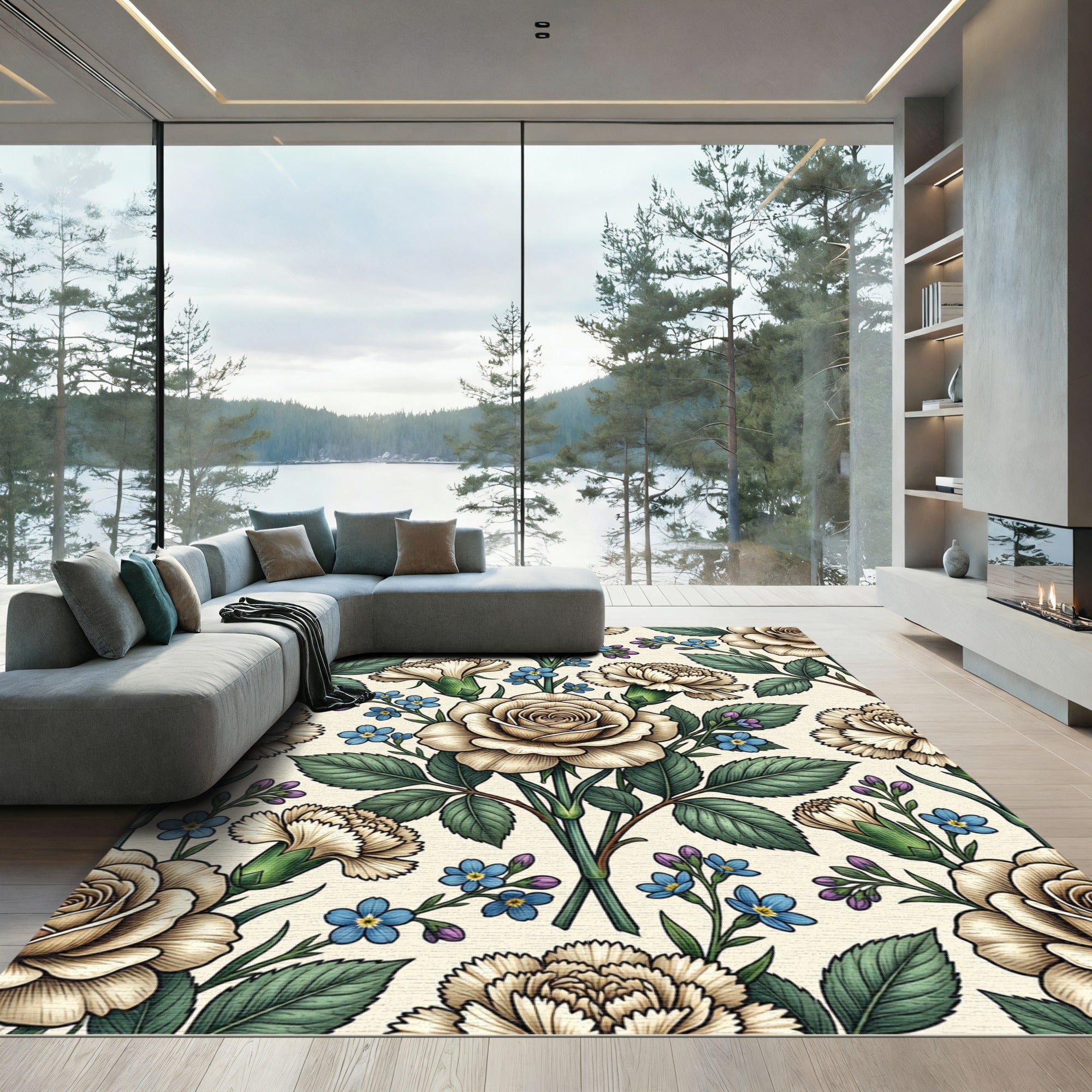 Vintage Cream Rose and Carnation Bouquet Rug
