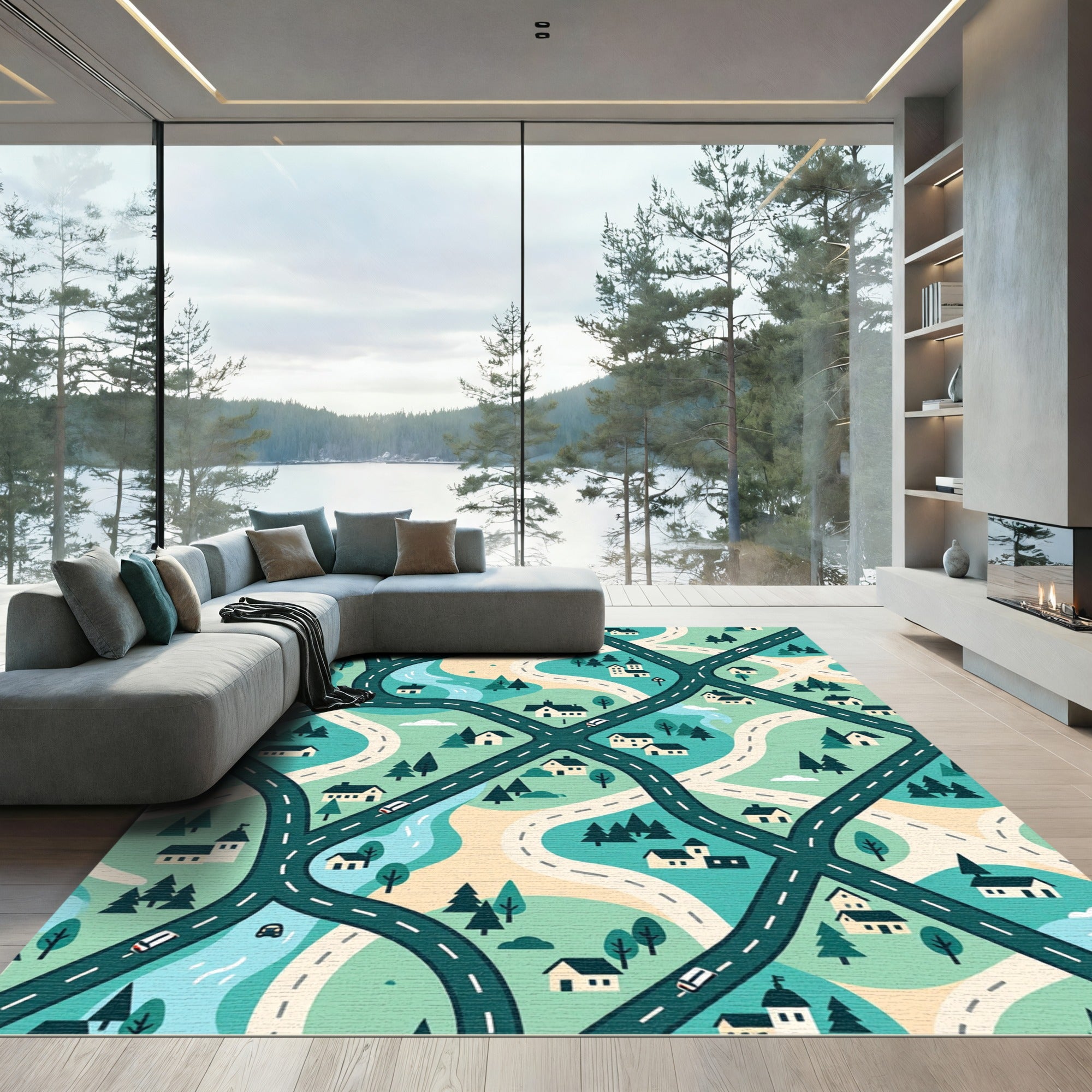 Whimsical Sage Green Neighborhood Road Map Rug