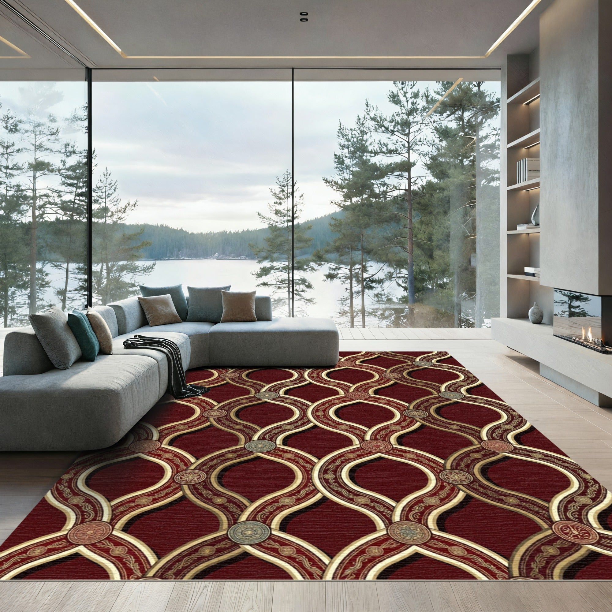 Ornate Burgundy and Gold Interlocking Medallions Rug