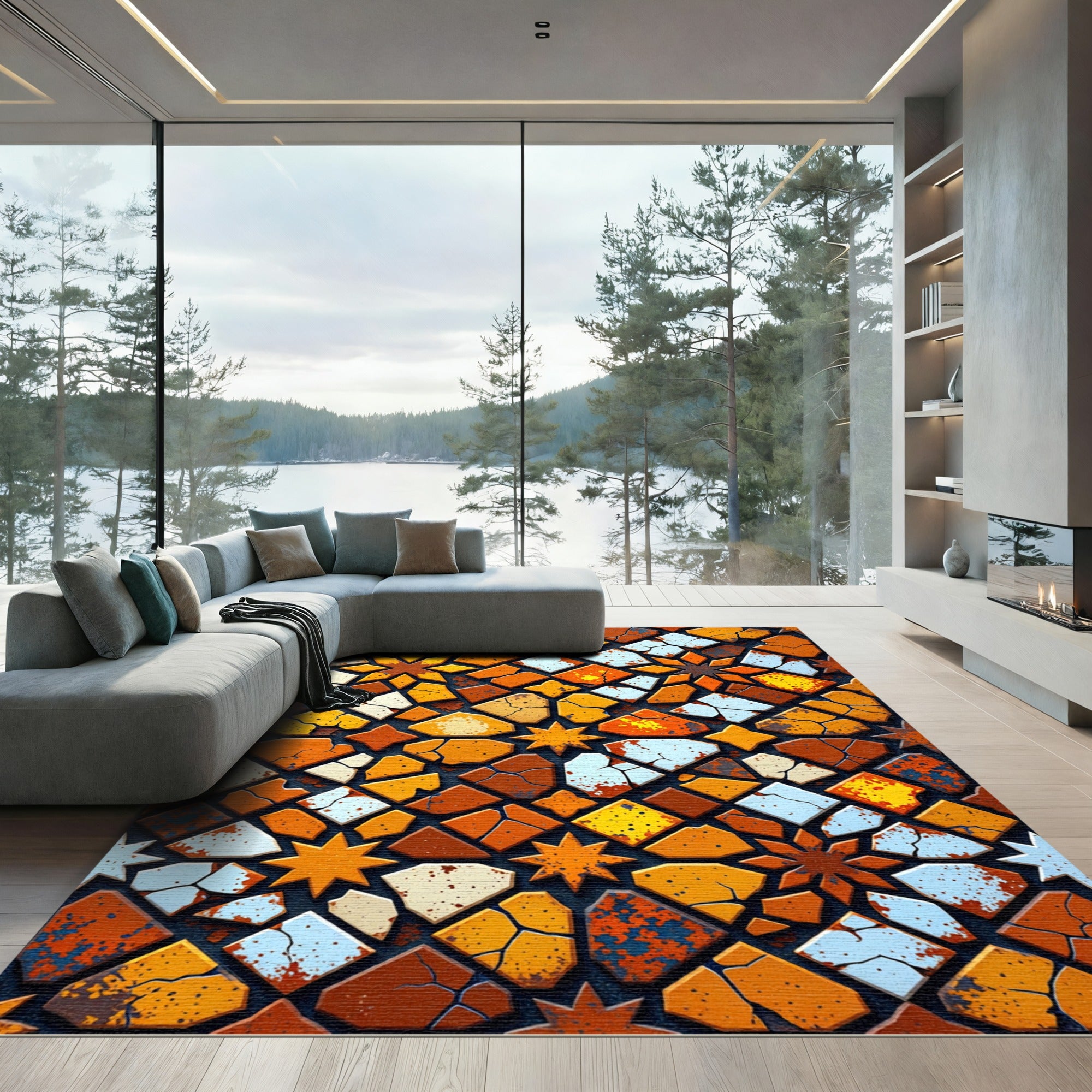 Rustic Orange Cracked Geometric Tiling Rug
