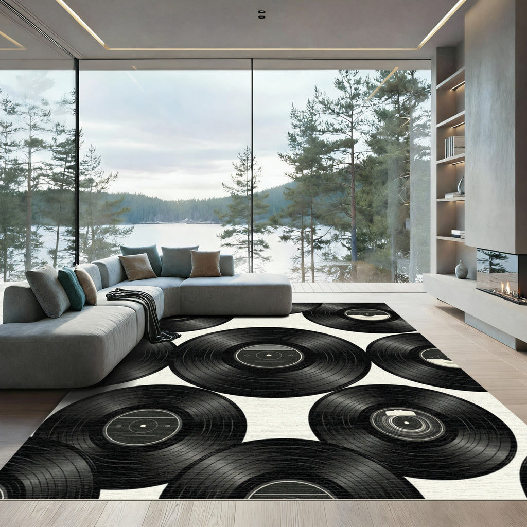 Minimalist Black and White Vinyl Records Rug