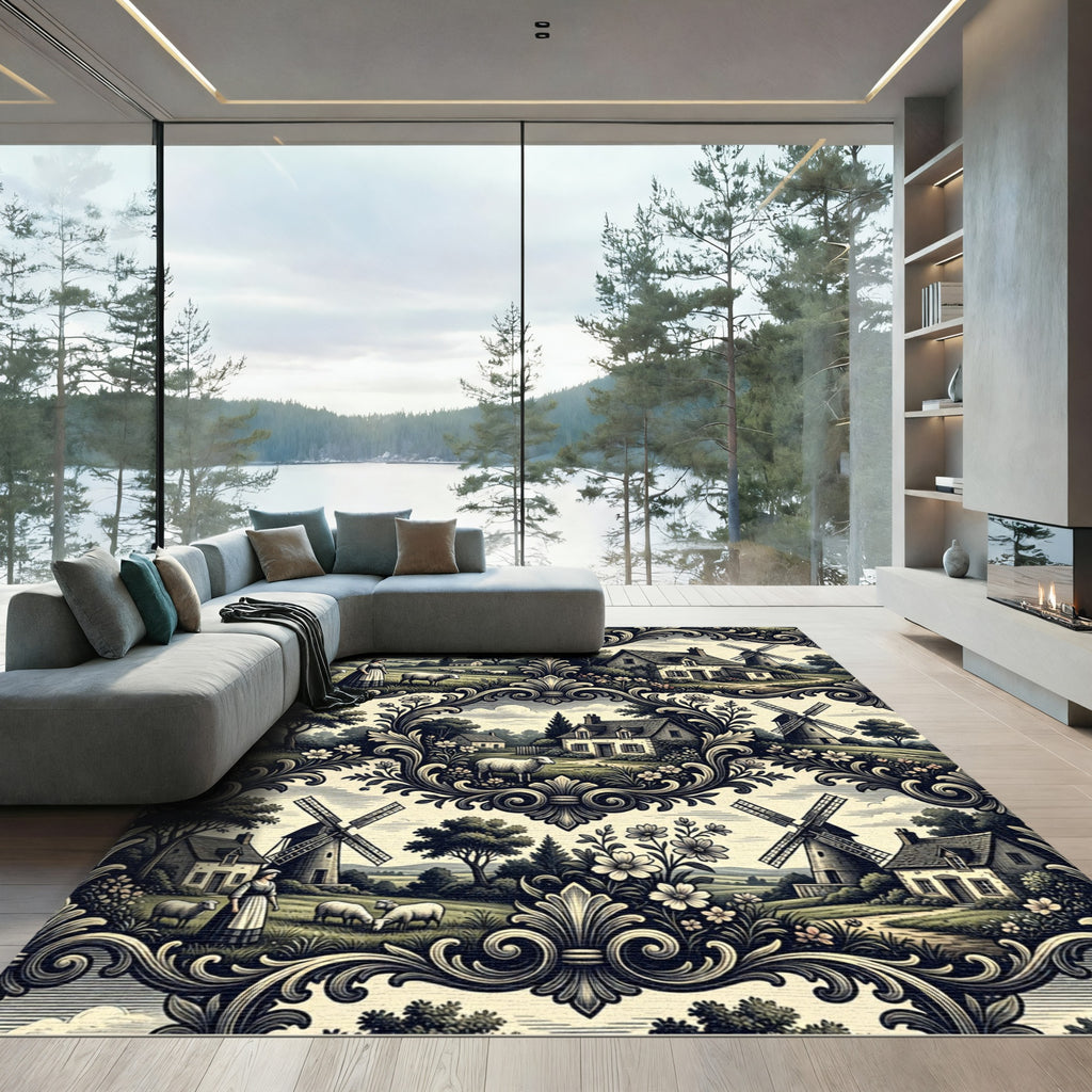 Pastoral Village Scene Ornamental Scroll Rug