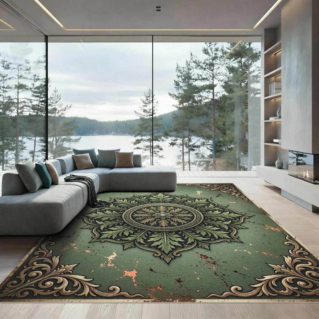 Vintage Green Floral Medallion Rug