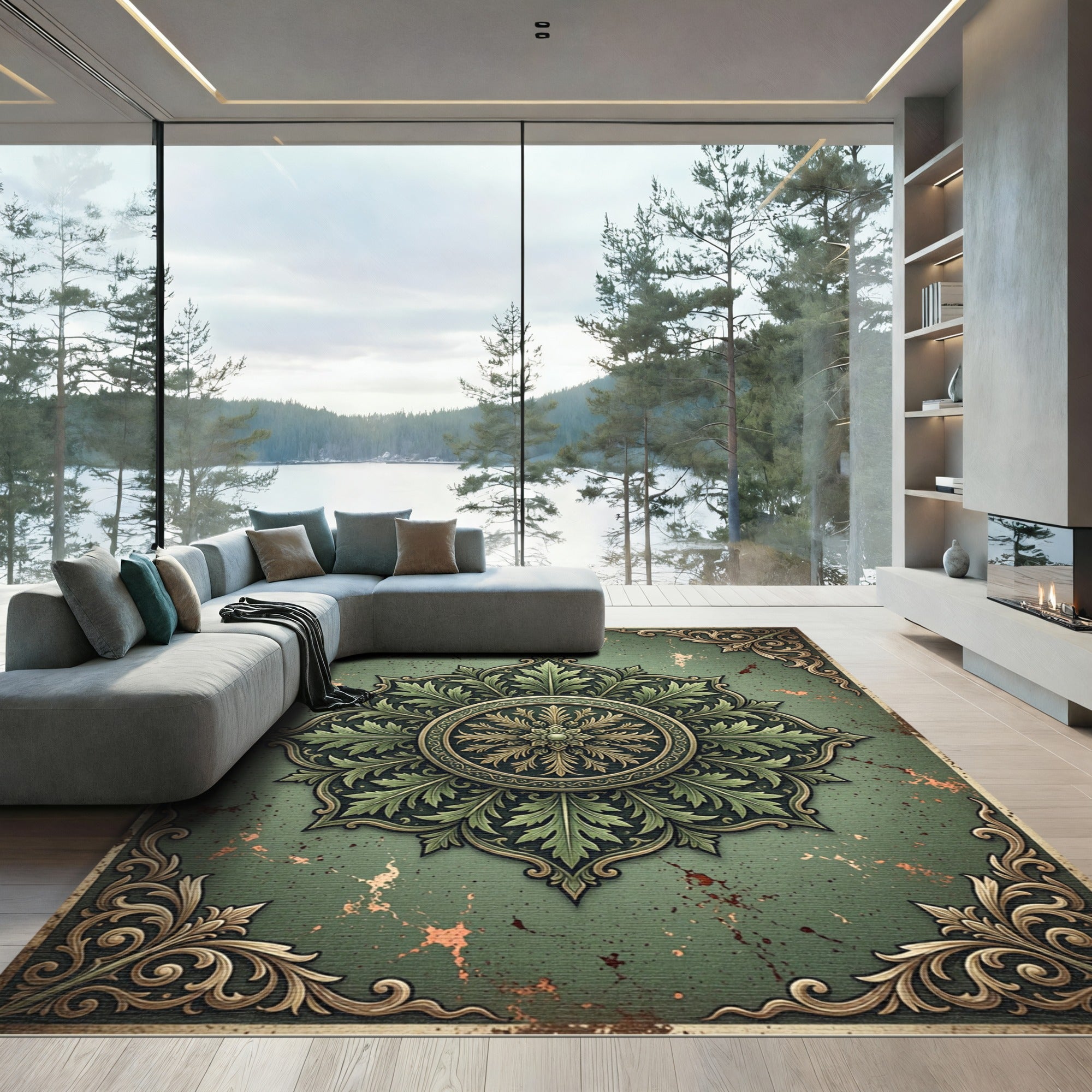 Vintage Green Floral Medallion Rug