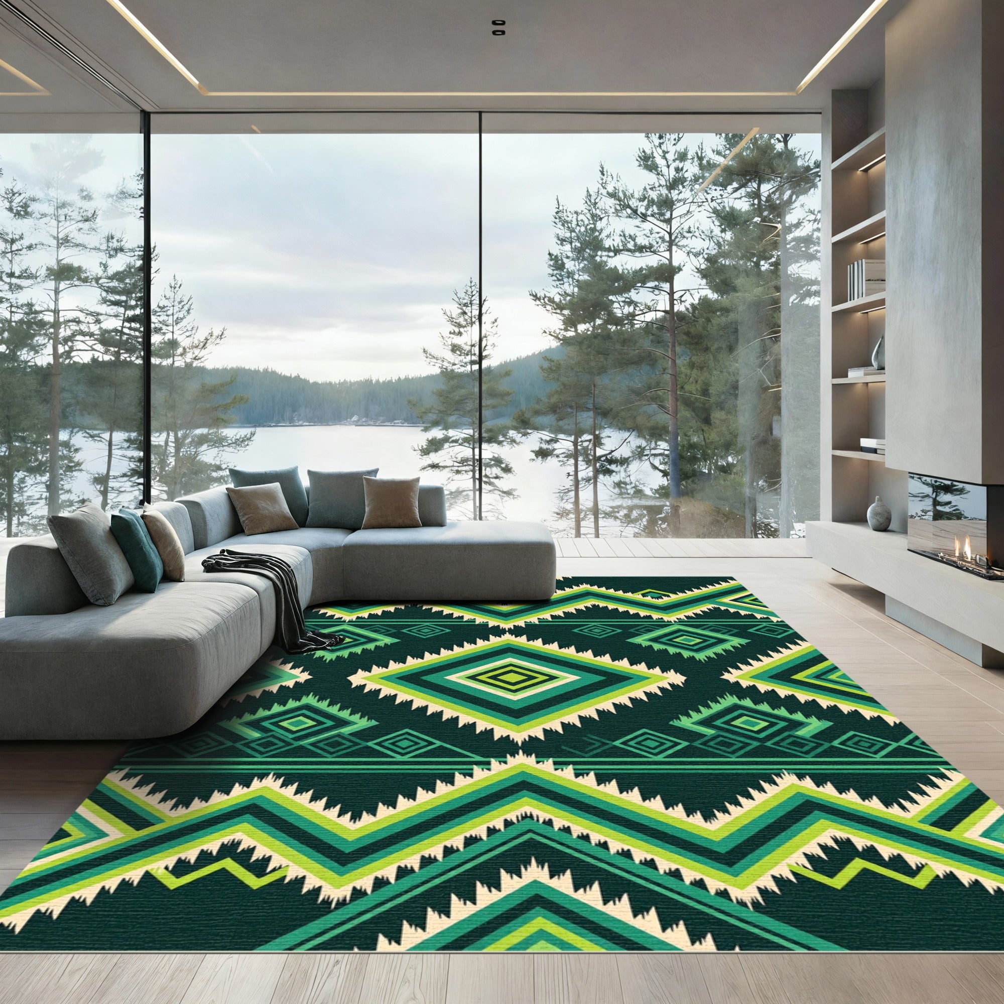 Emerald Green Geometric Diamond Rug