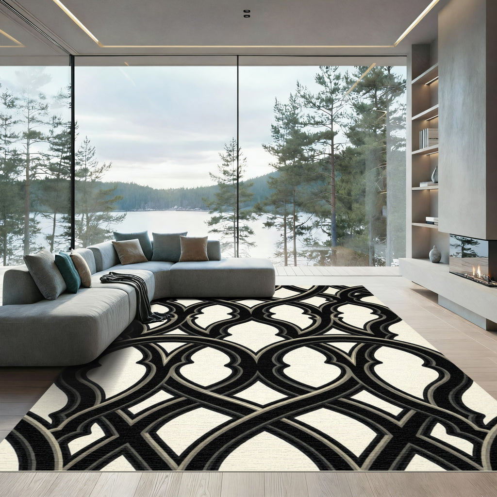 Monochrome Ogee Interlocking Curvilinear Ink Black Cream Rug