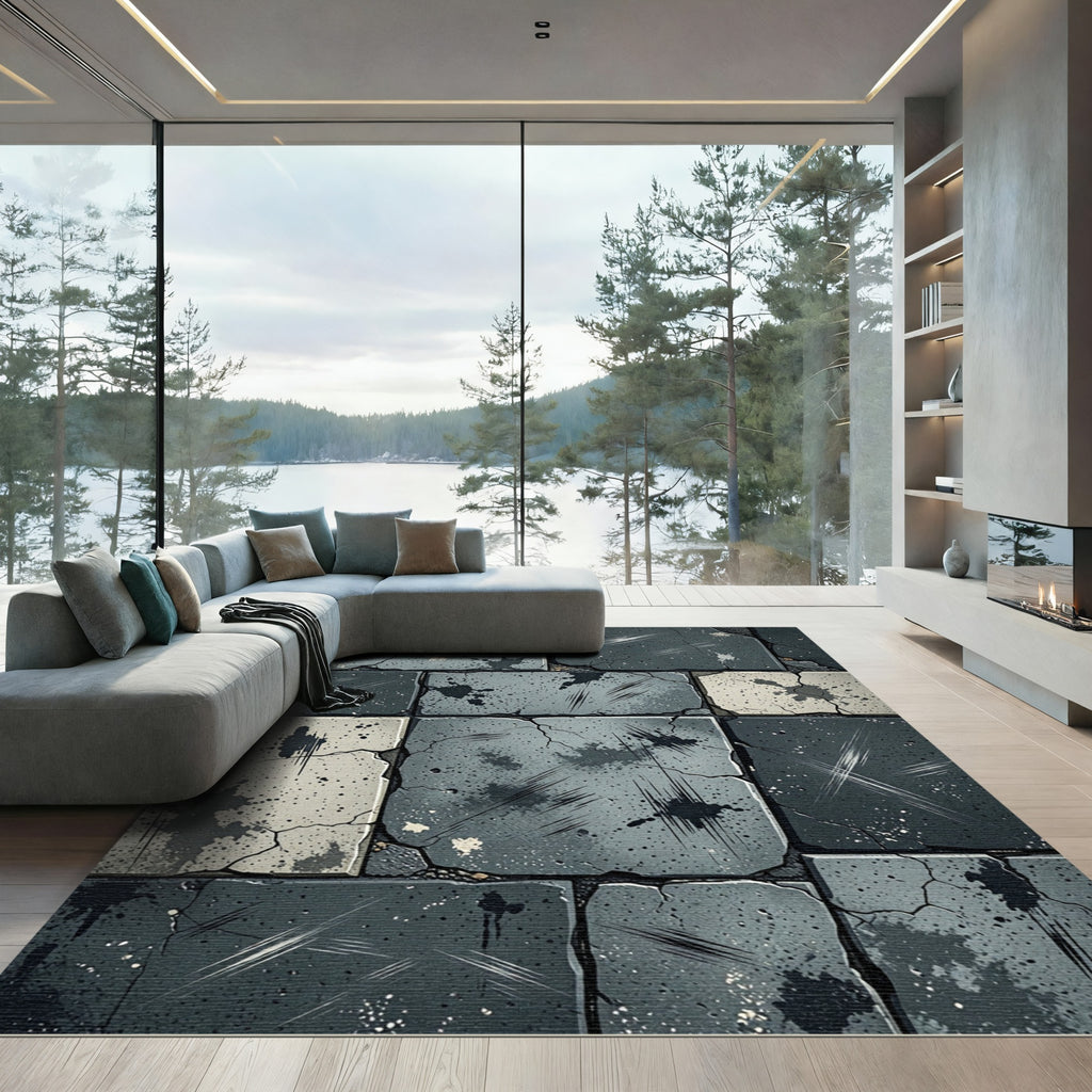 Urban Stone Splatter Cracked Tile Rug