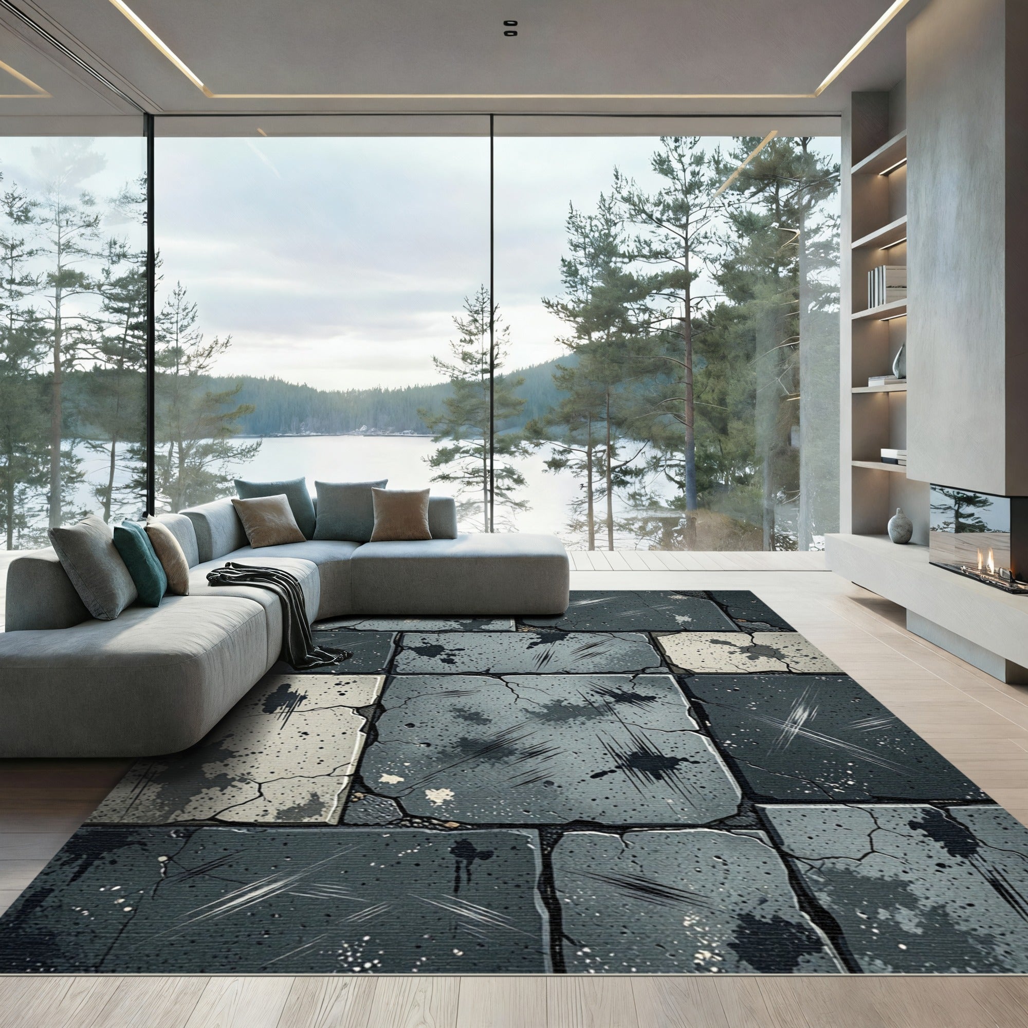 Urban Stone Splatter Cracked Tile Rug