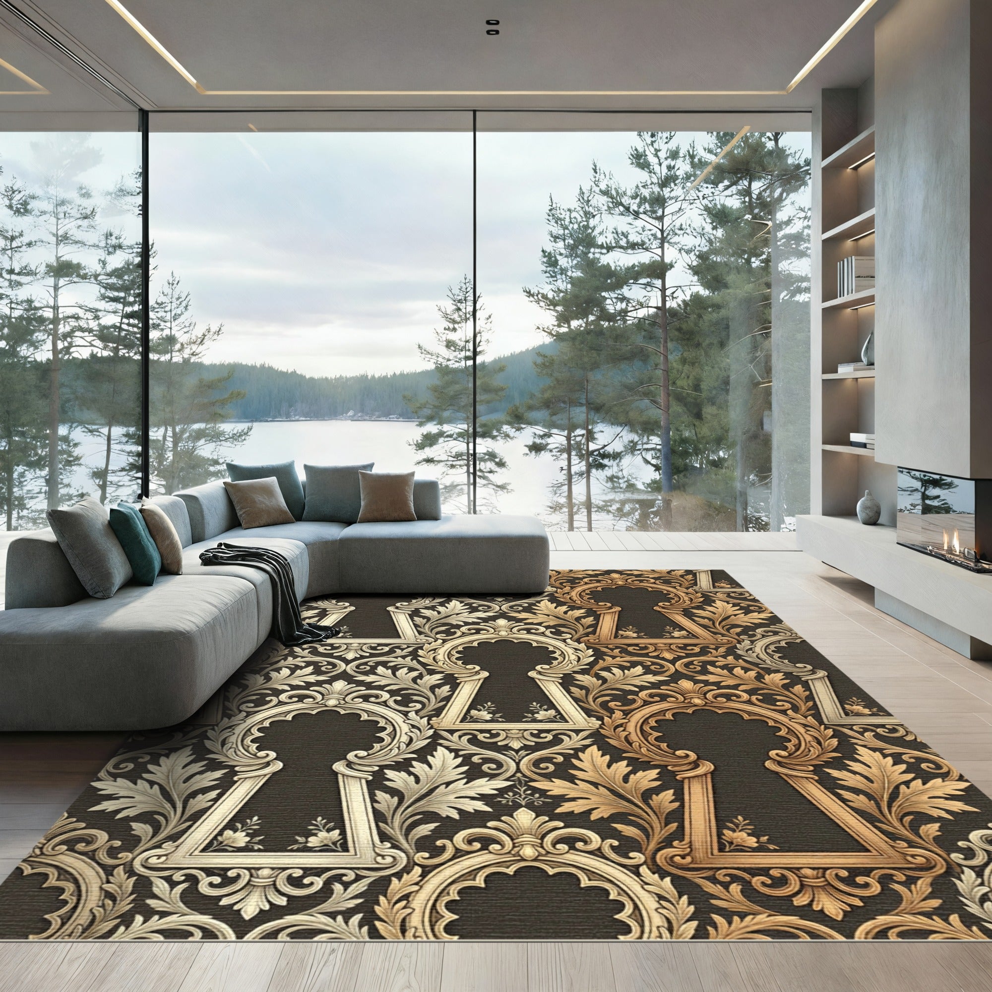 Ornate Keyhole Floral Scroll Rug