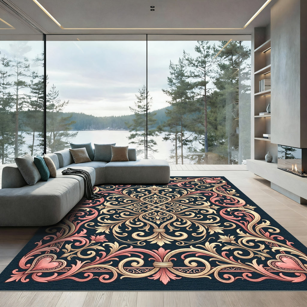 Ornate Gold Pink Scroll Heart Garland Rug