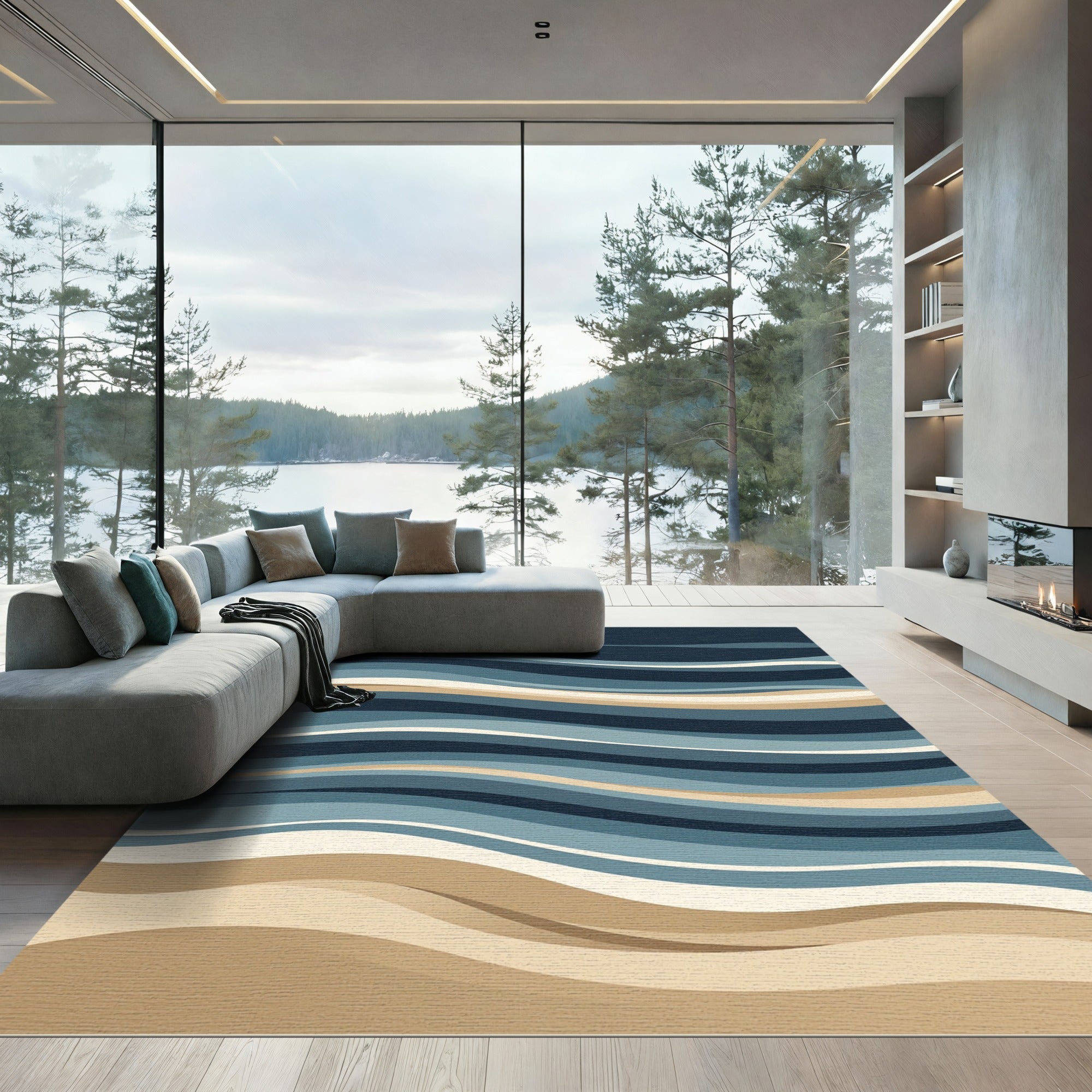 Oceanic Swirl Blue Beige Waves Rug