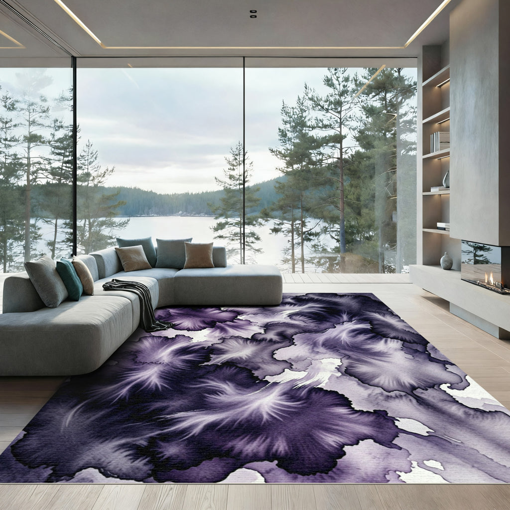 Dark Violet Ethereal Watercolor Ink Swirl Rug