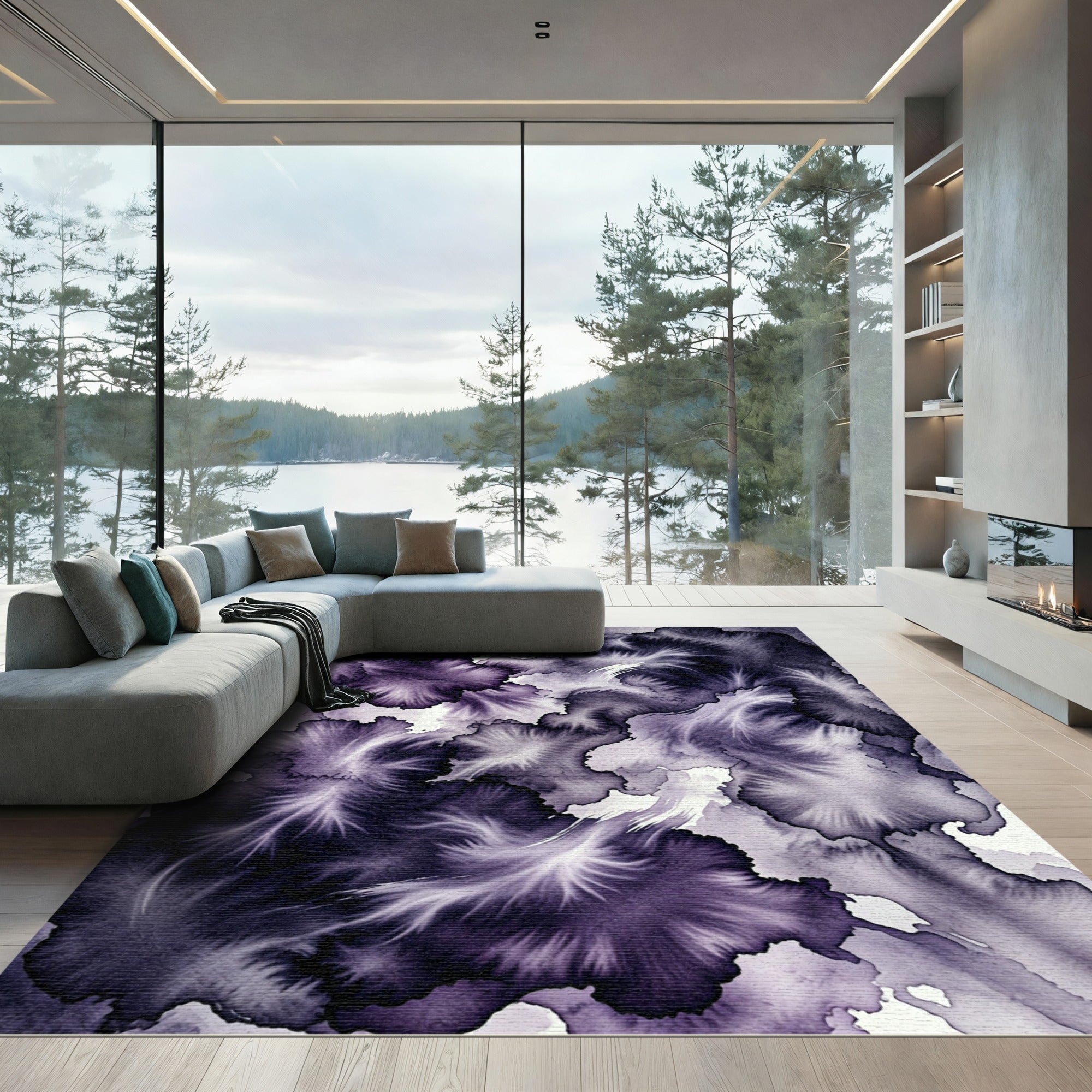 Dark Violet Ethereal Watercolor Ink Swirl Rug